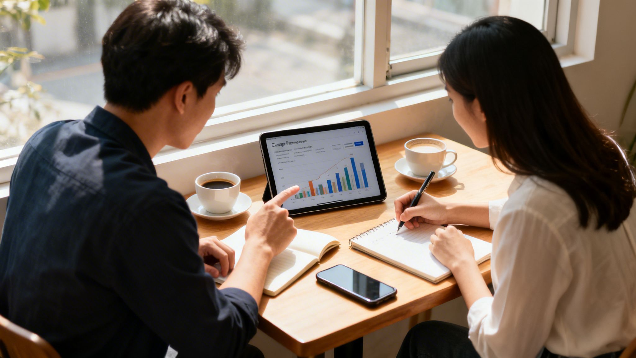 Two colleagues analyze a bar chart on a tablet, with one taking notes, in a cafe.