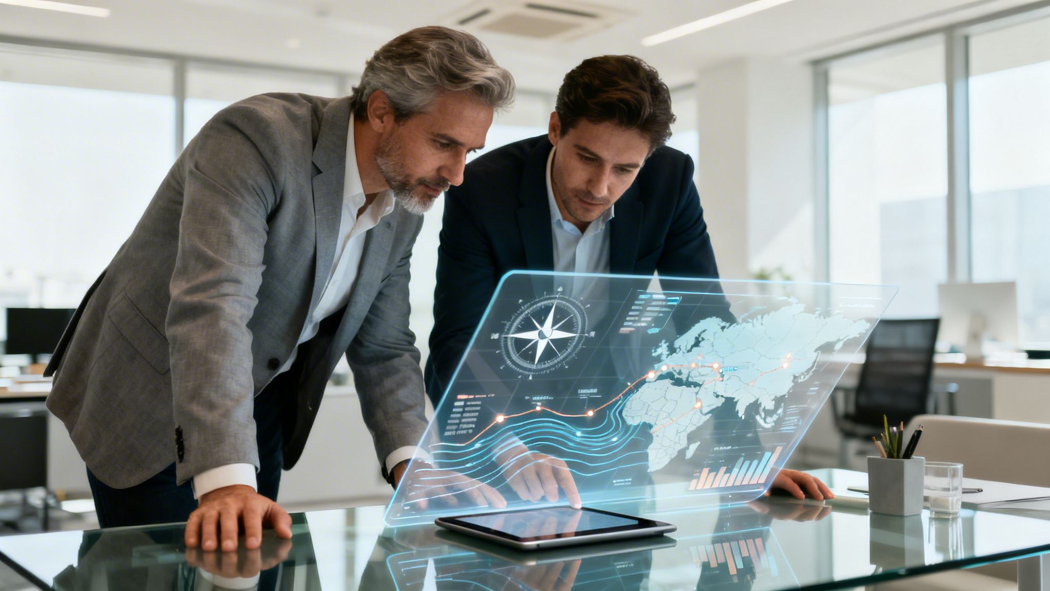 Businessmen use a holographic world map and data visualization for strategic analysis.