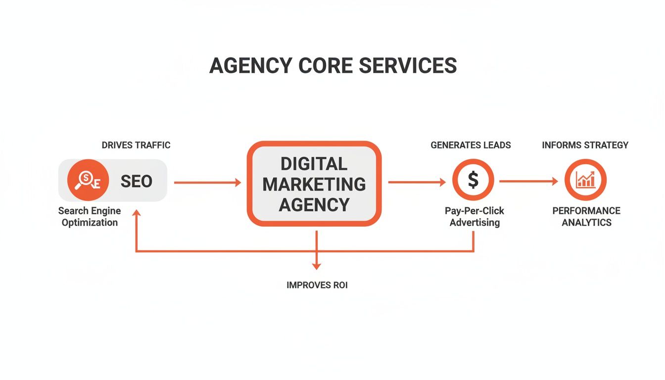 Diagram illustrating core digital marketing agency services: SEO, PPC, and performance analytics workflow.