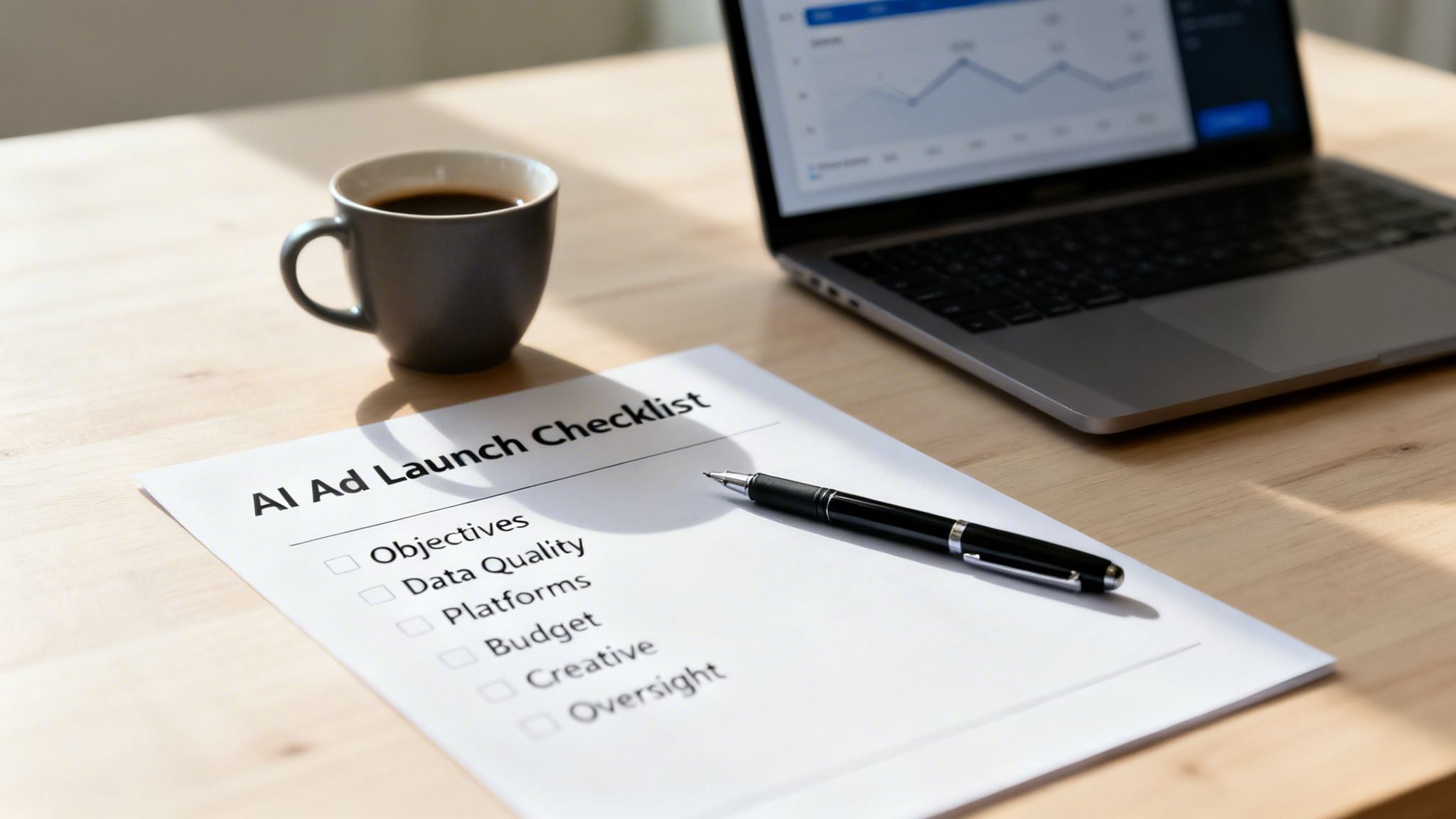 AI Ad Launch Checklist document with a pen, coffee, and laptop on a wooden desk, symbolizing strategic planning.