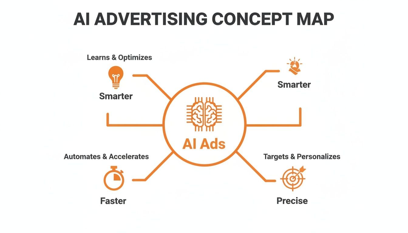 AI advertising concept map illustrating benefits like smarter optimization, faster automation, and precise targeting.