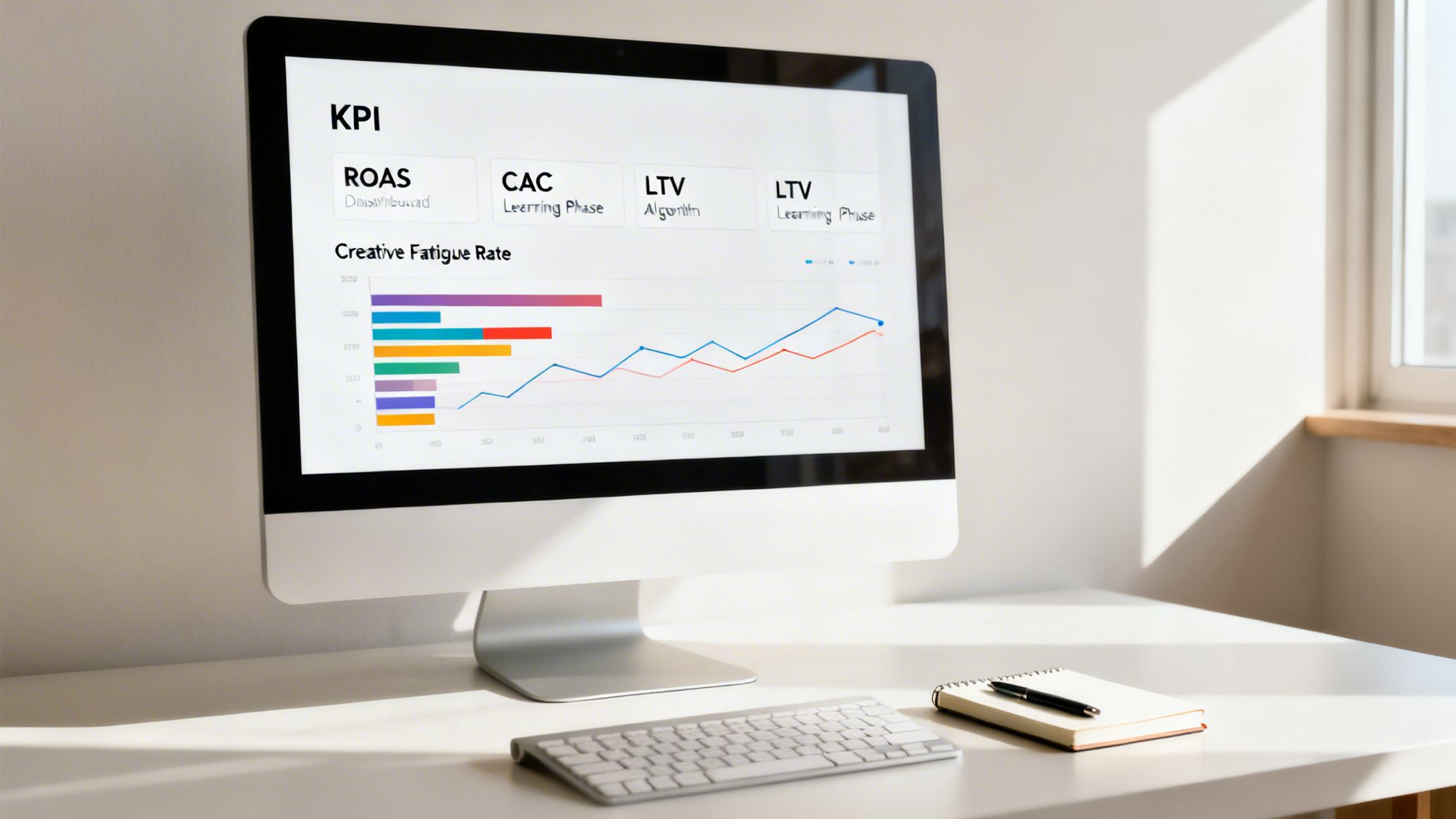 Digital marketing dashboard with KPI metrics like ROAS and LTV displayed on a computer screen.