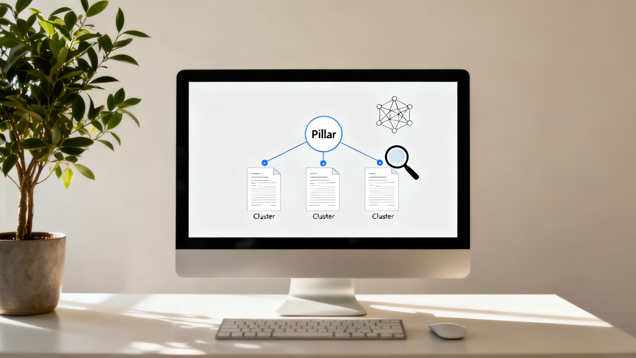 A computer screen displays a content marketing diagram with 'Pillar' and 'Cluster' documents on a clean desk.
