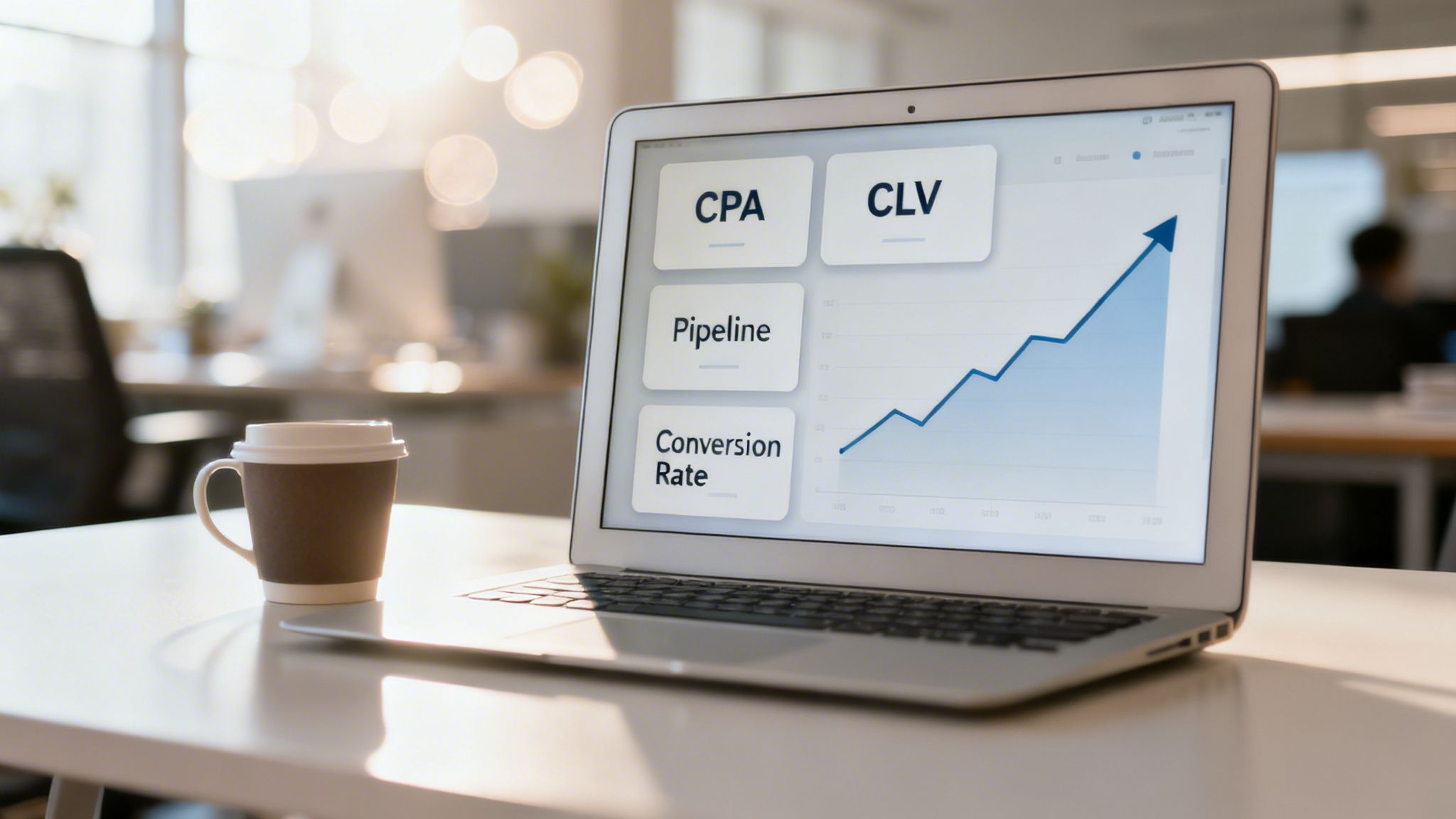 Laptop displaying B2B marketing analytics, including CPA, CLV, pipeline, and conversion rate with an upward trend, next to a coffee cup.
