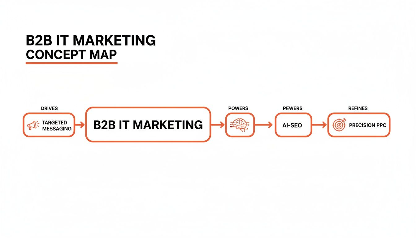 Concept map showing B2B IT marketing workflow from targeted messaging to AI-SEO and precision PPC.