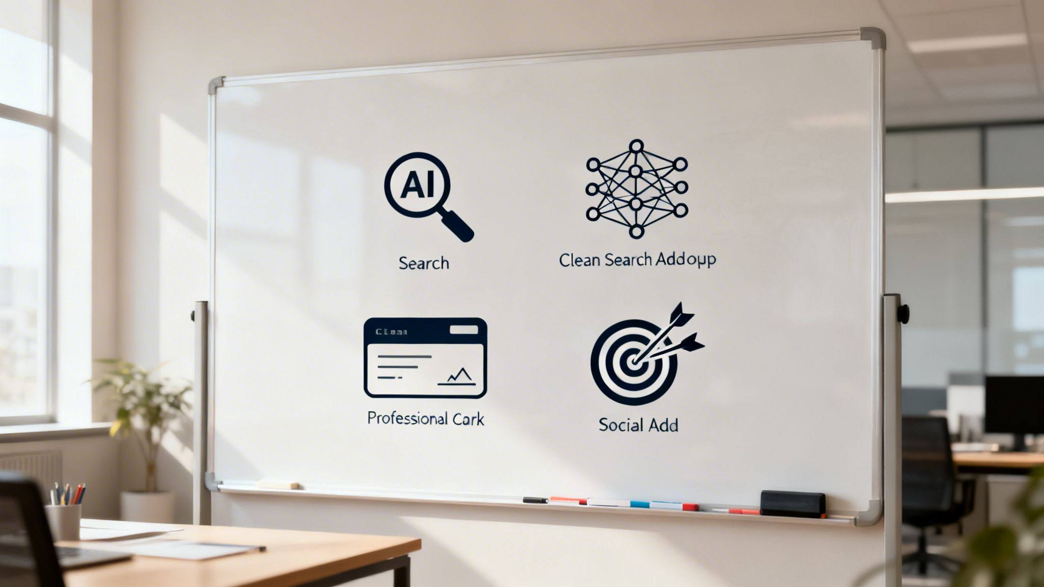 Whiteboard displays four business concepts: AI search, clean search integration, professional platform, and social media ads.