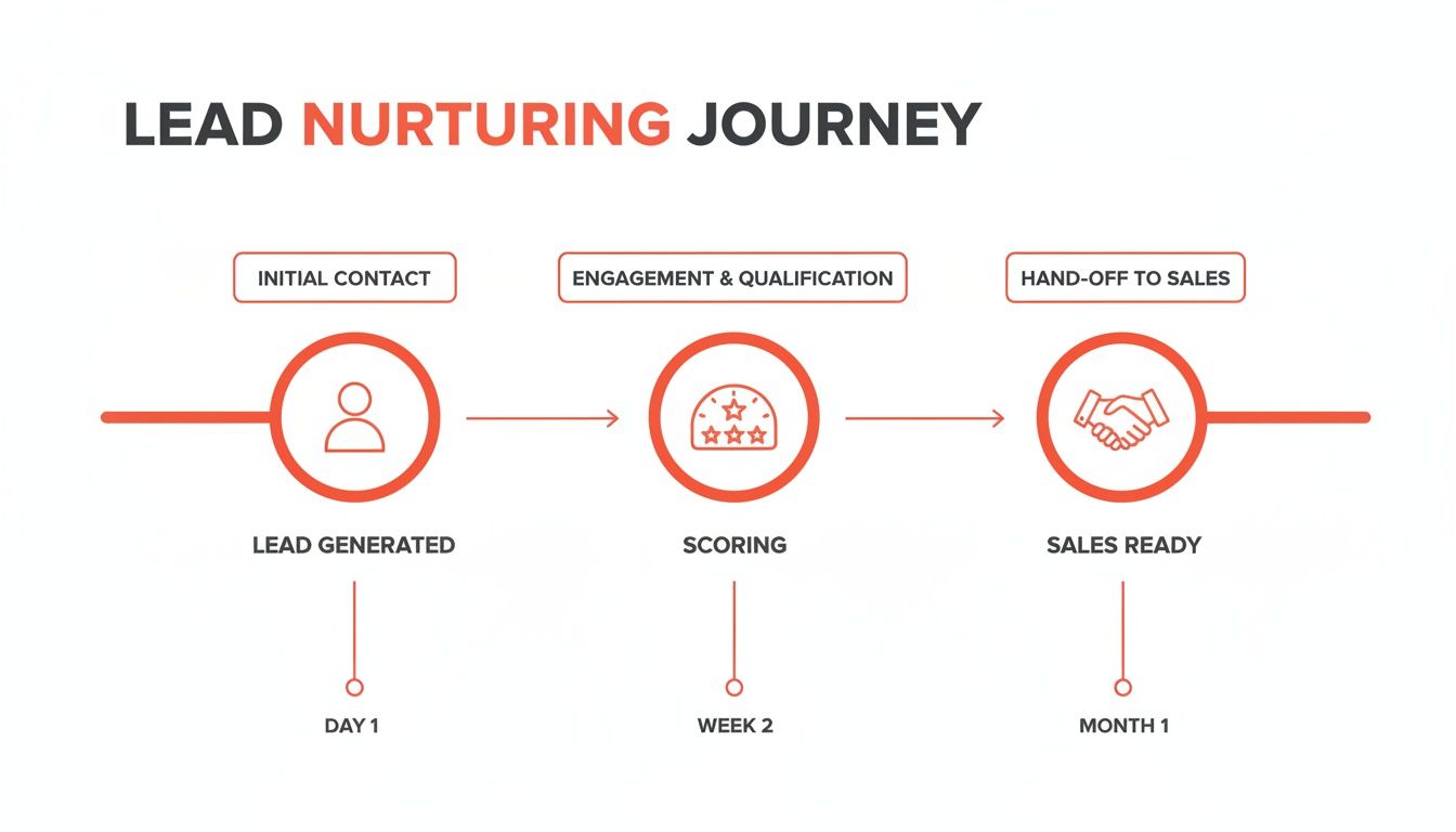 Infographic showing the lead nurturing journey stages: initial contact, scoring, and sales readiness over time.