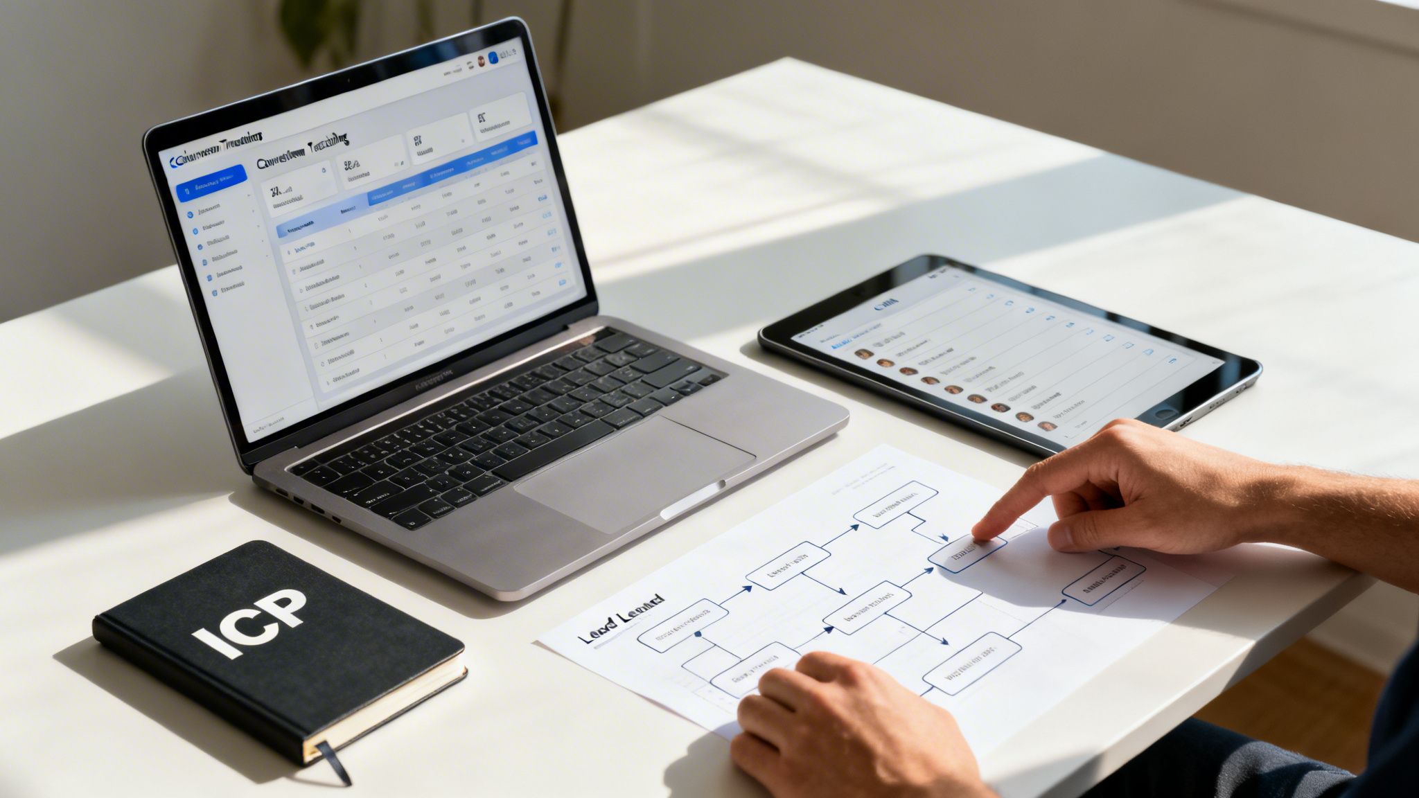Overhead view of a person analyzing a lead generation flowchart on a desk with laptop and tablet.