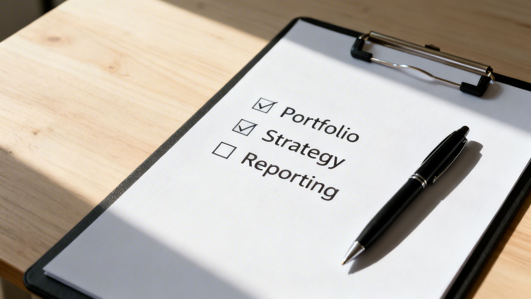 A checklist on a clipboard with 'Portfolio' and 'Strategy' checked, 'Reporting' unchecked, and a pen on a wooden desk.
