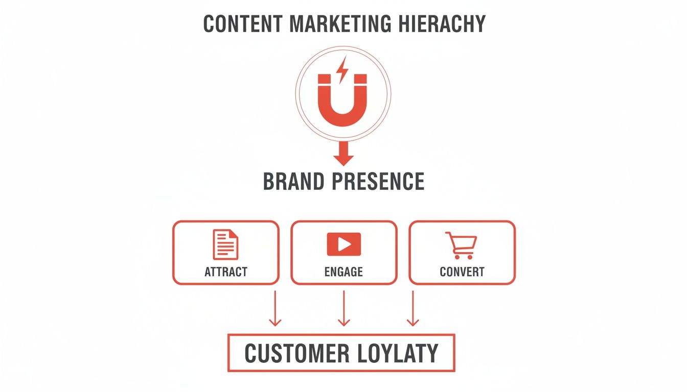 A content marketing hierarchy diagram showing how brand presence leads to attract, engage, convert, and customer loyalty.