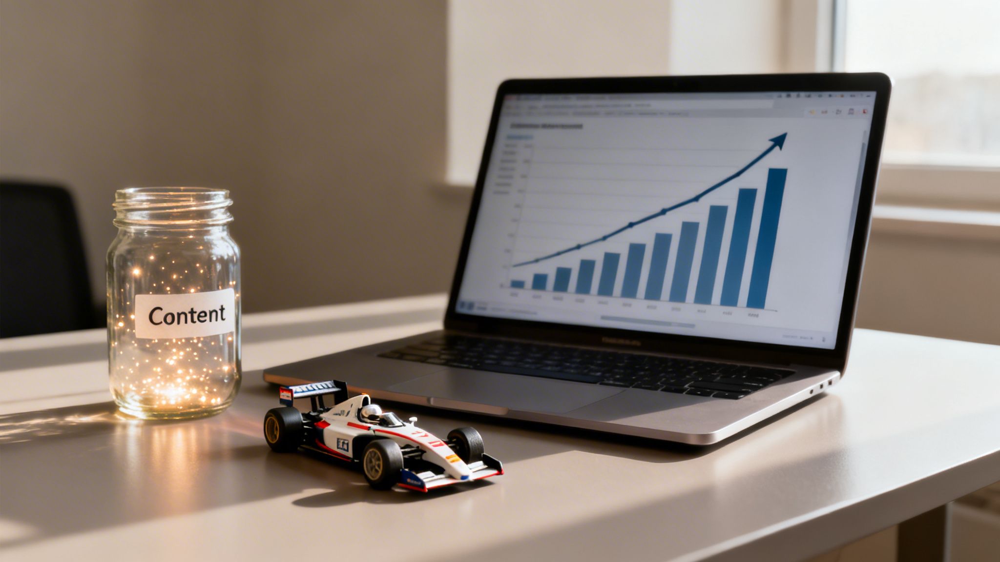 A desk with a laptop displaying a growth graph, a glowing 'Content' jar, and a toy race car.