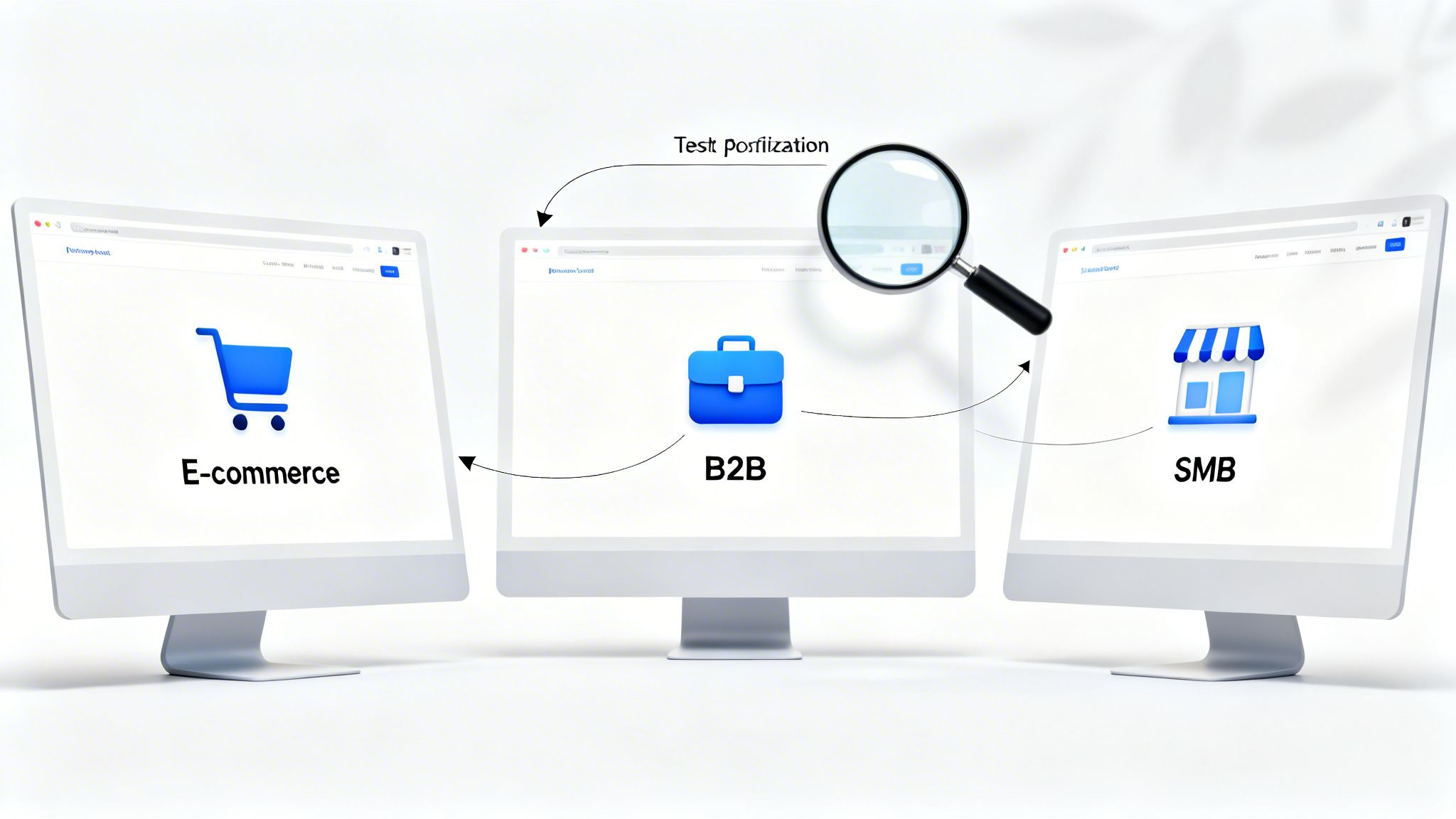 Three computer monitors showcase E-commerce, B2B, and SMB business segments with a magnifying glass.