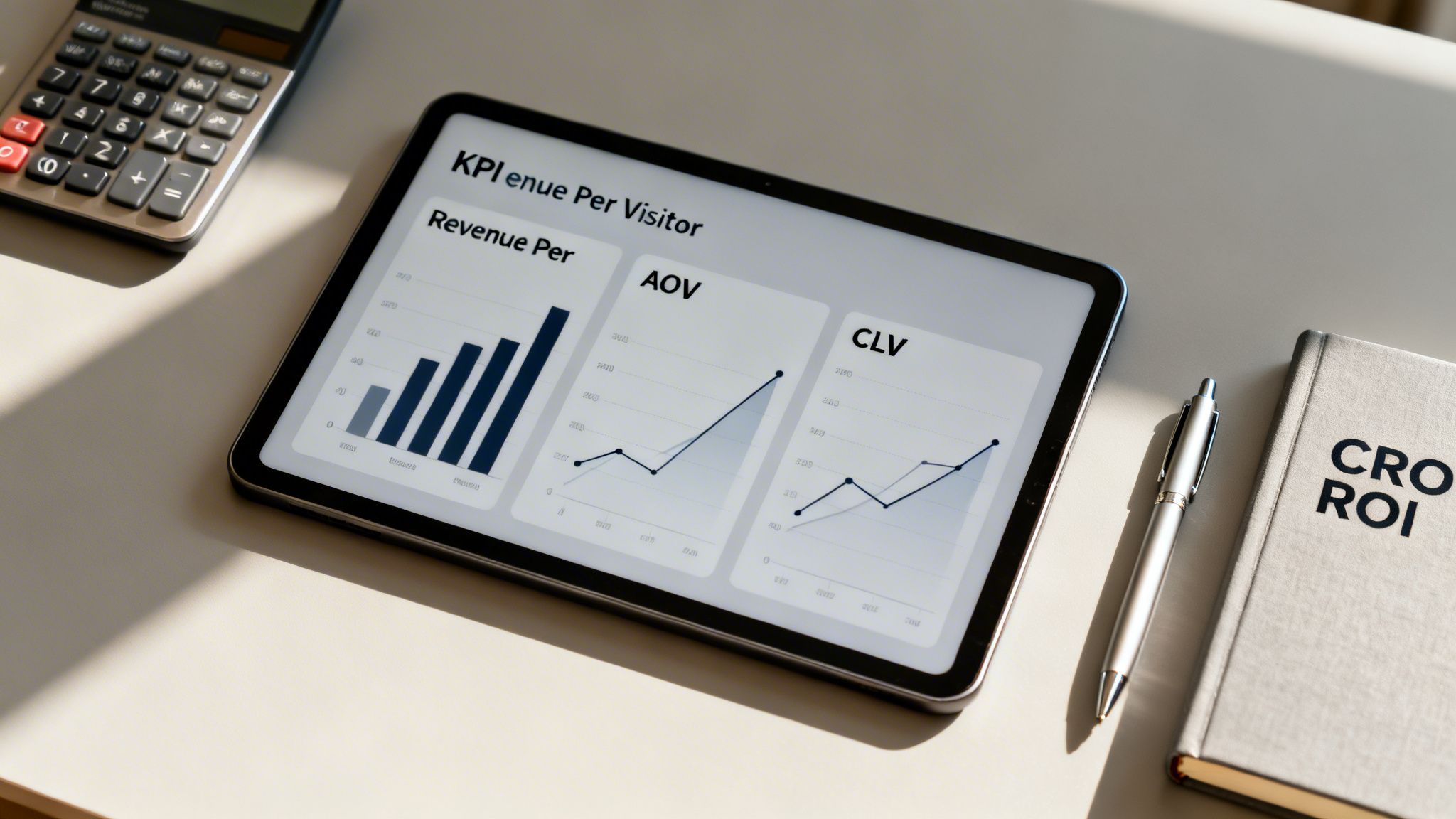 A tablet displays conversion rate optimization KPIs, including Revenue Per, AOV, and CLV, with a calculator and CRO ROI notebook.