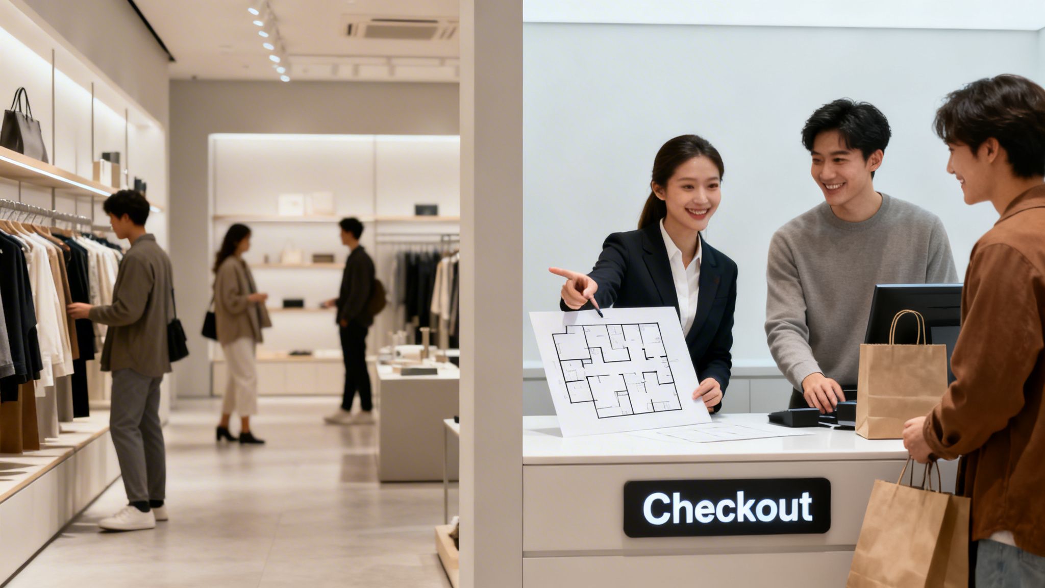 People browsing clothes in a minimalist store and customers interacting with staff at a checkout counter.
