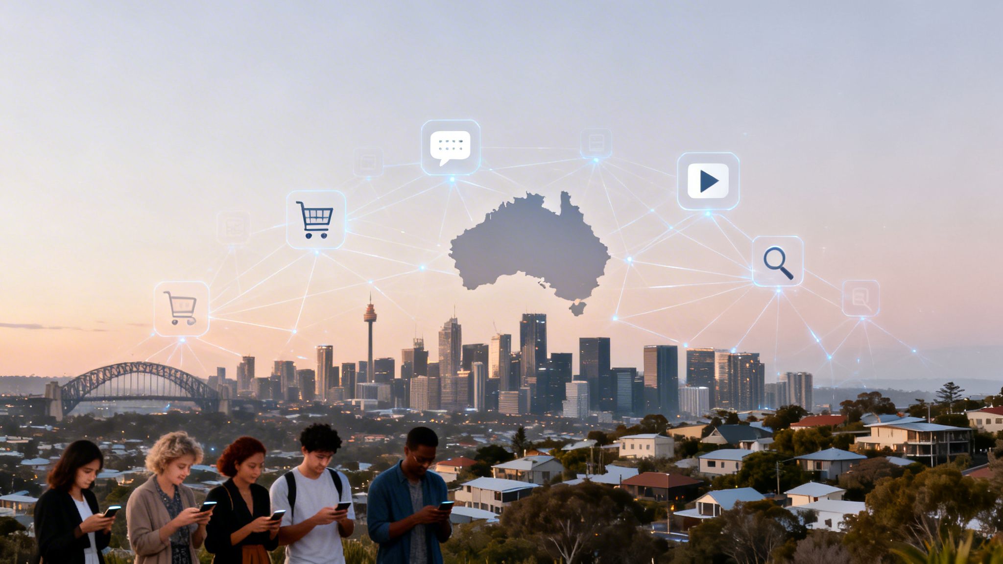 Diverse young people use smartphones with digital service icons over an Australian city skyline.