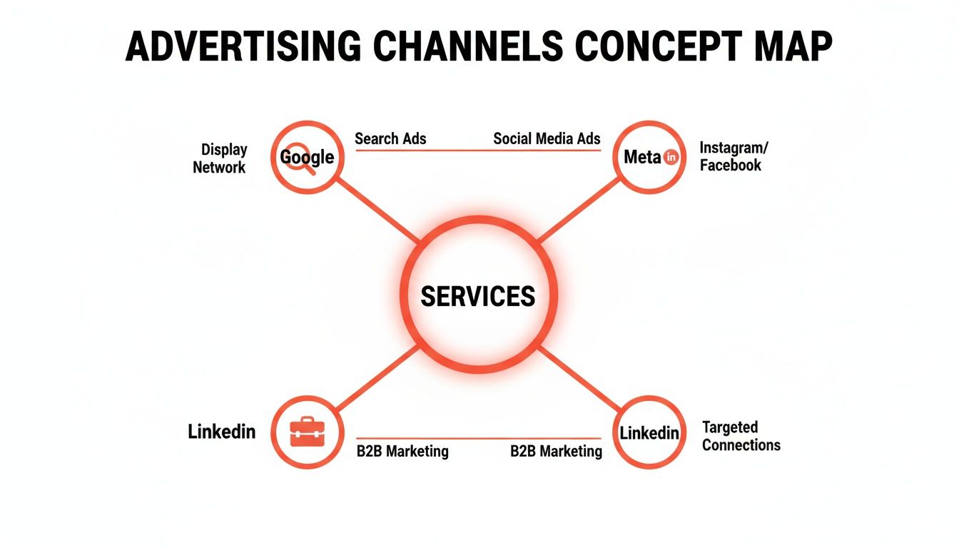 Concept map illustrating various advertising channels, including Google, Meta, and LinkedIn, connected to services.