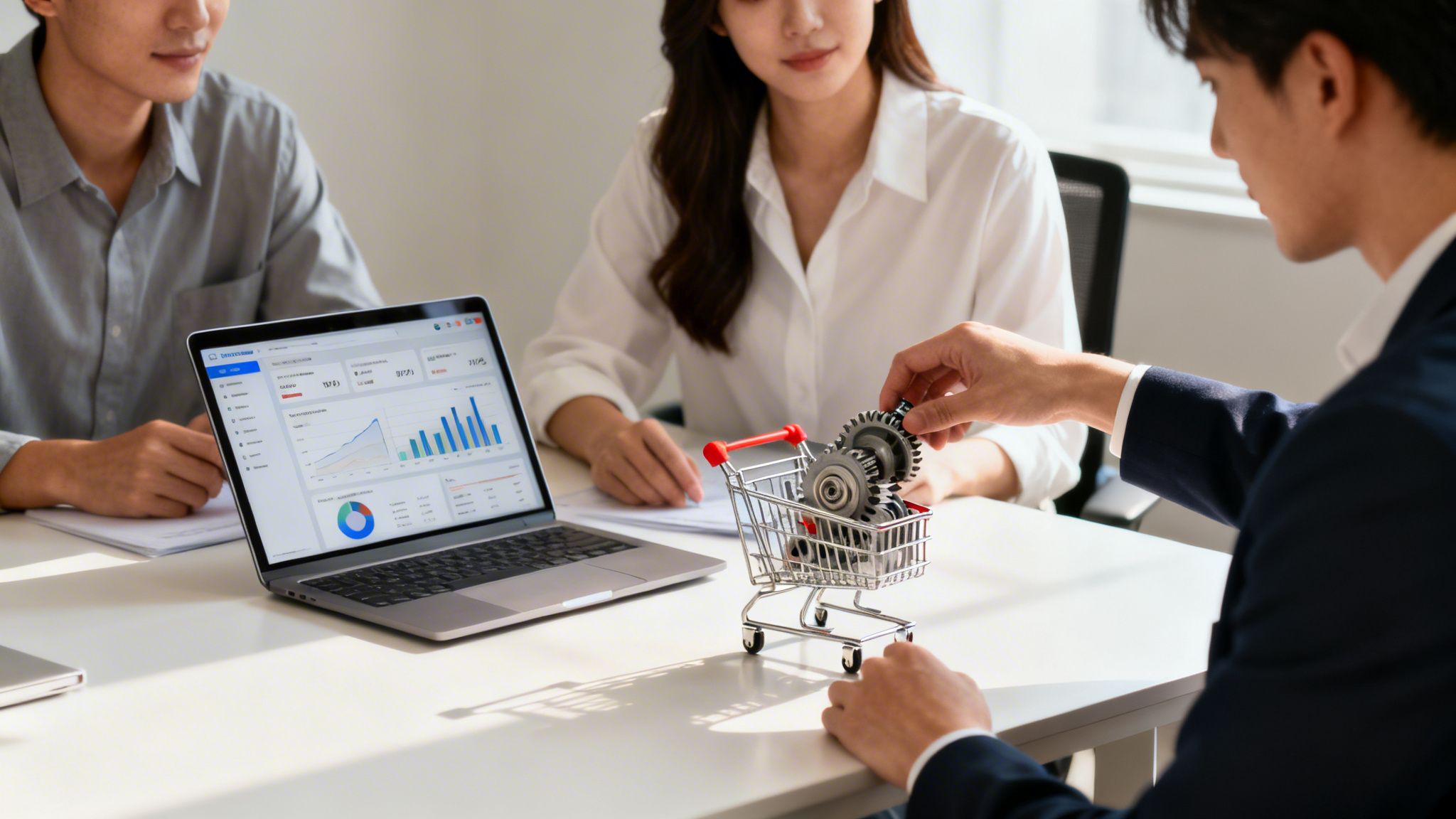 Three people discuss e-commerce strategy with a laptop displaying data and gears in a shopping cart.