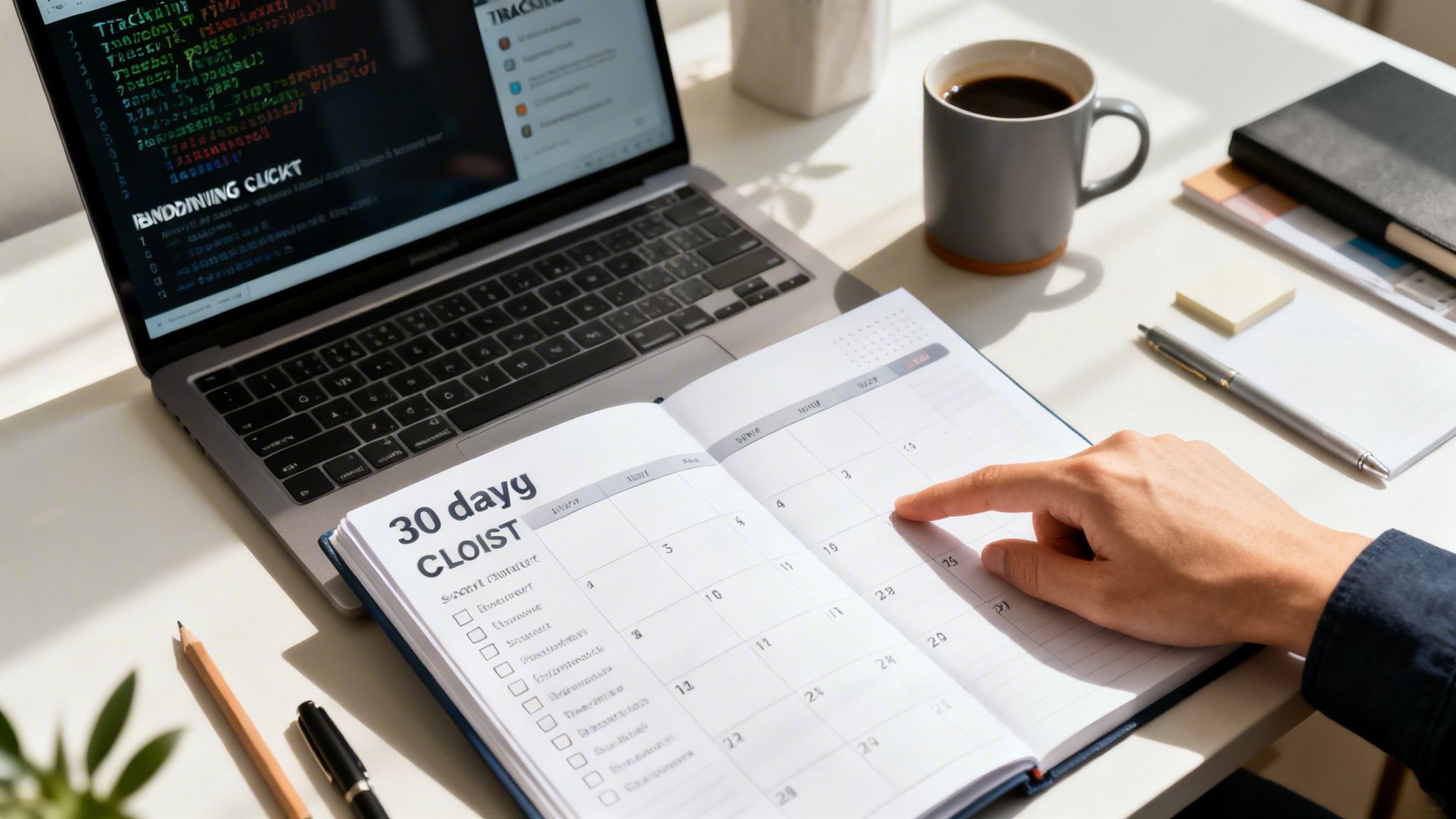 A person's hand pointing at a calendar in a planner on a desk with a laptop and coffee.