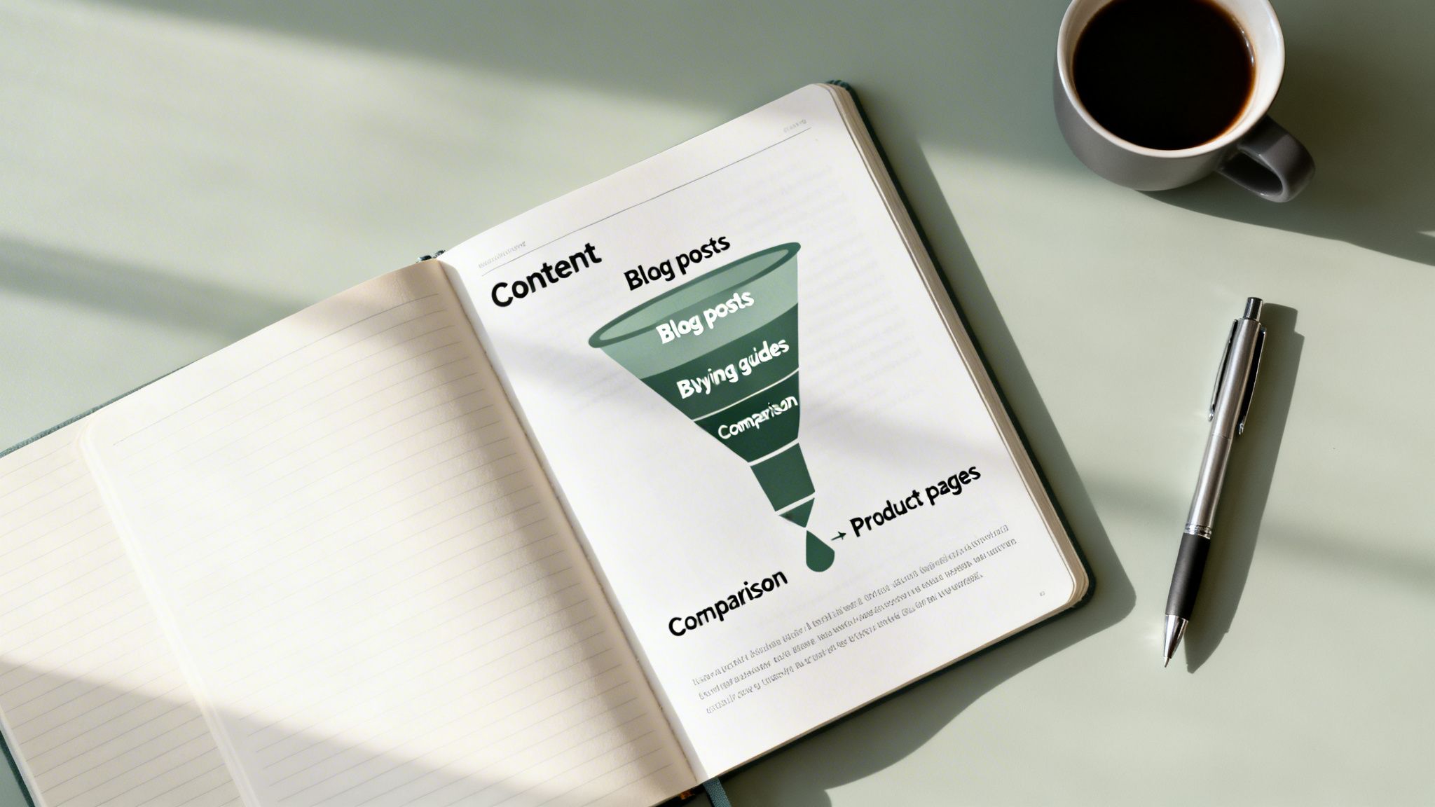 An open notebook on a desk displays a content marketing funnel diagram from blog posts to product pages.