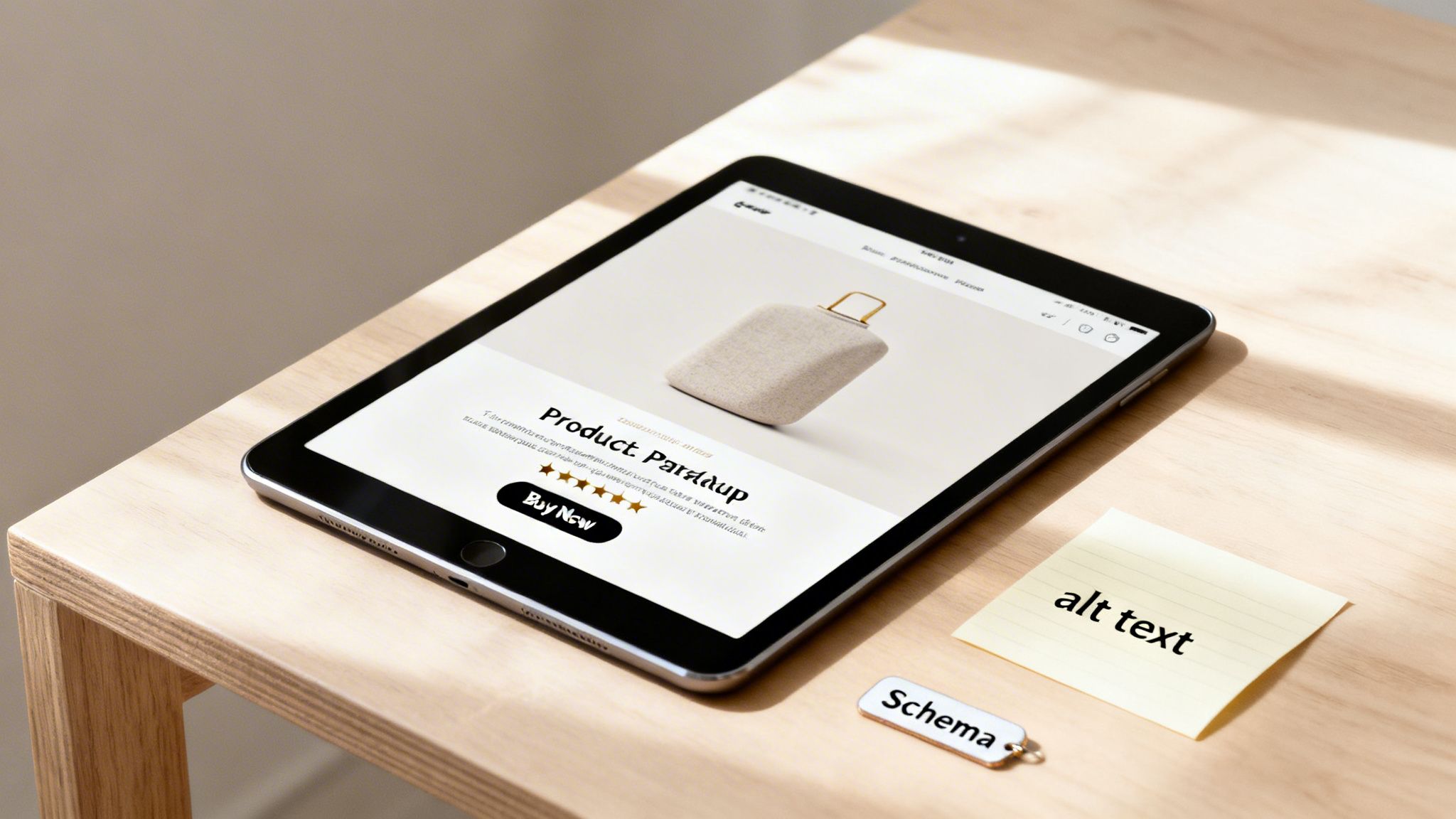 An iPad displaying an e-commerce product page, an 'alt text' sticky note, and a 'Schema' tag on a wooden table.