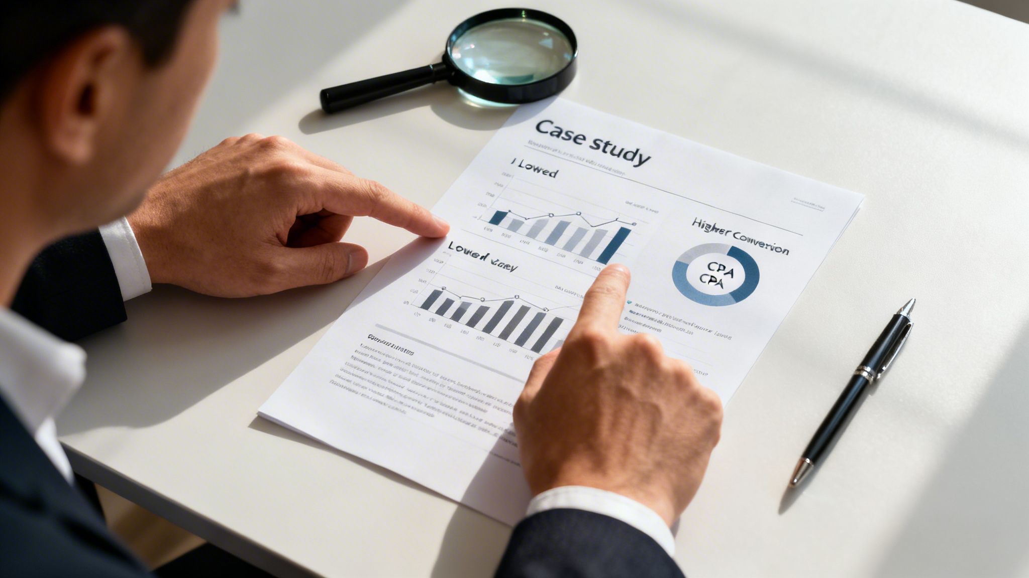Businessman analyzing a 'Case Study' document with charts on cost and conversion, pointing at data.