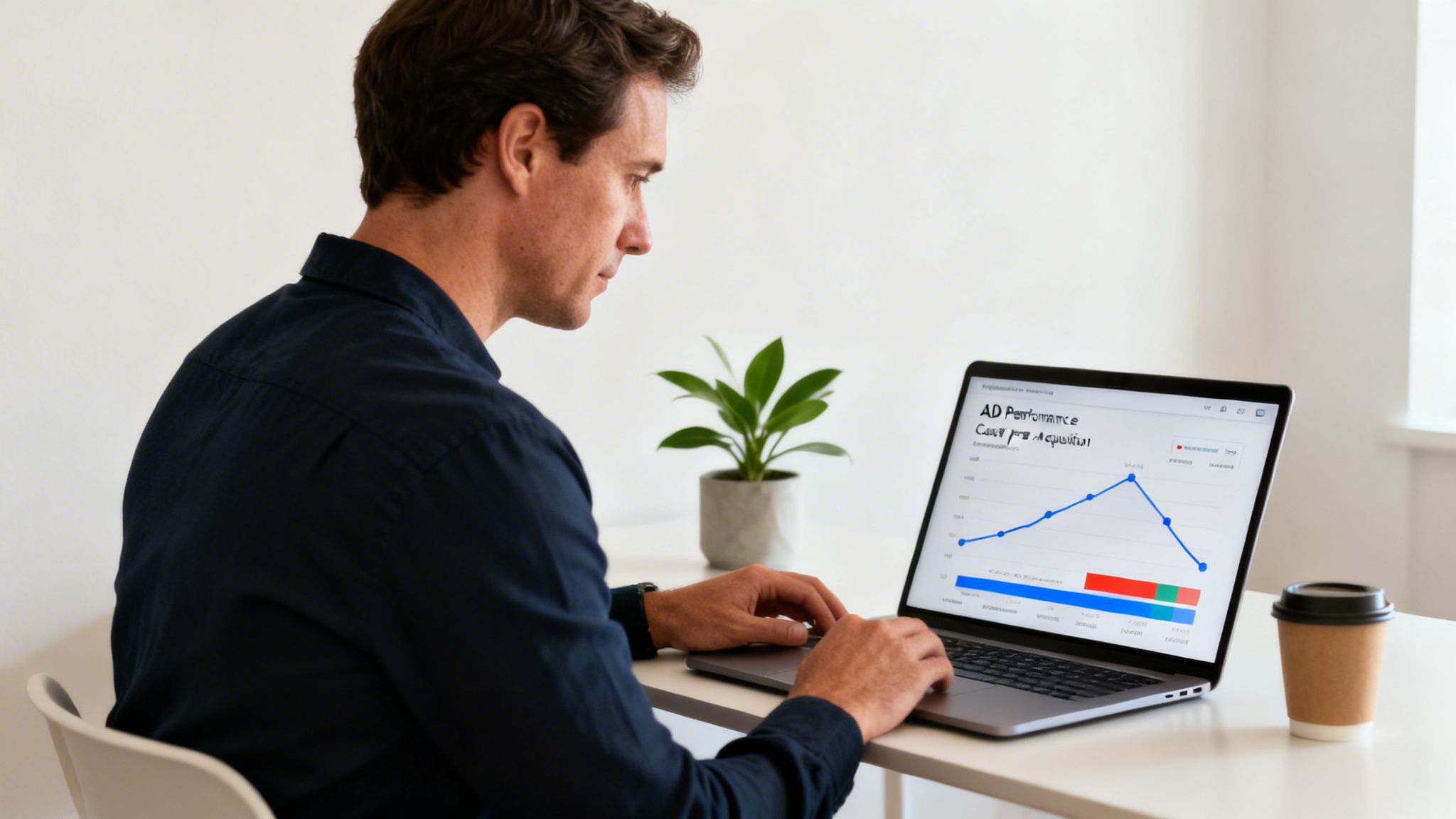 Professional man analyzes ad performance data on his laptop at a clean office desk.
