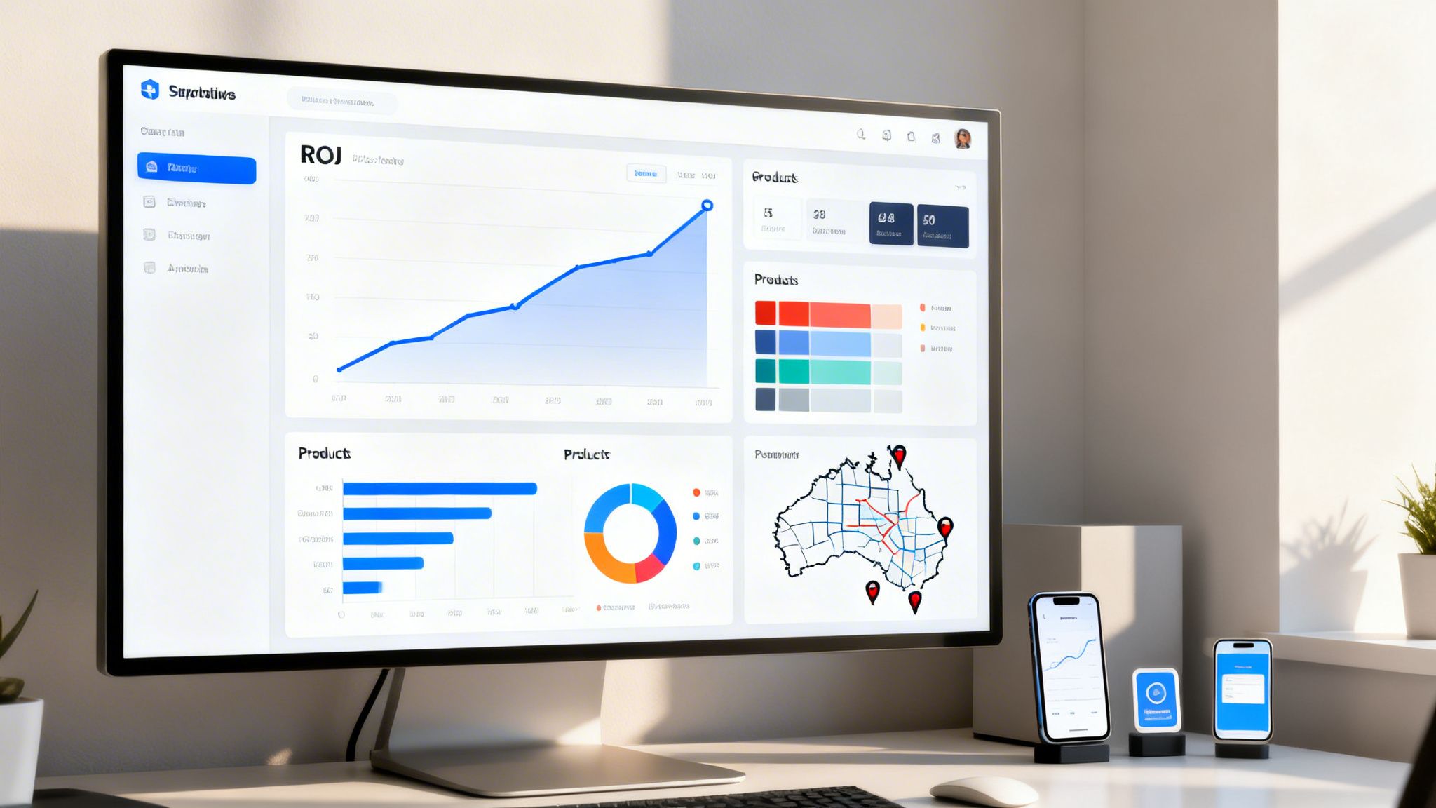 A modern desk setup featuring a monitor displaying a business analytics dashboard and multiple smartphones.