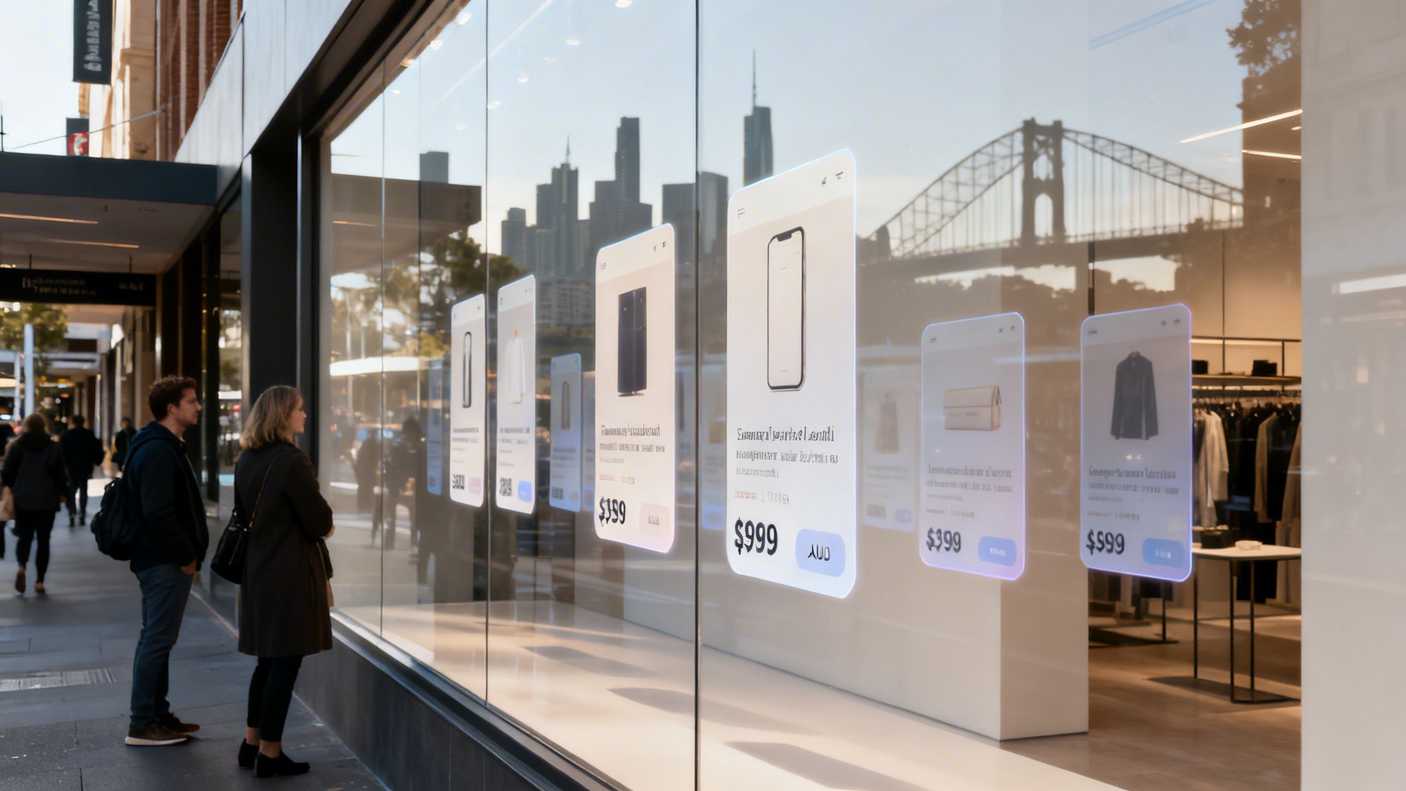 A couple views interactive digital product displays in a store window, reflecting a city skyline.
