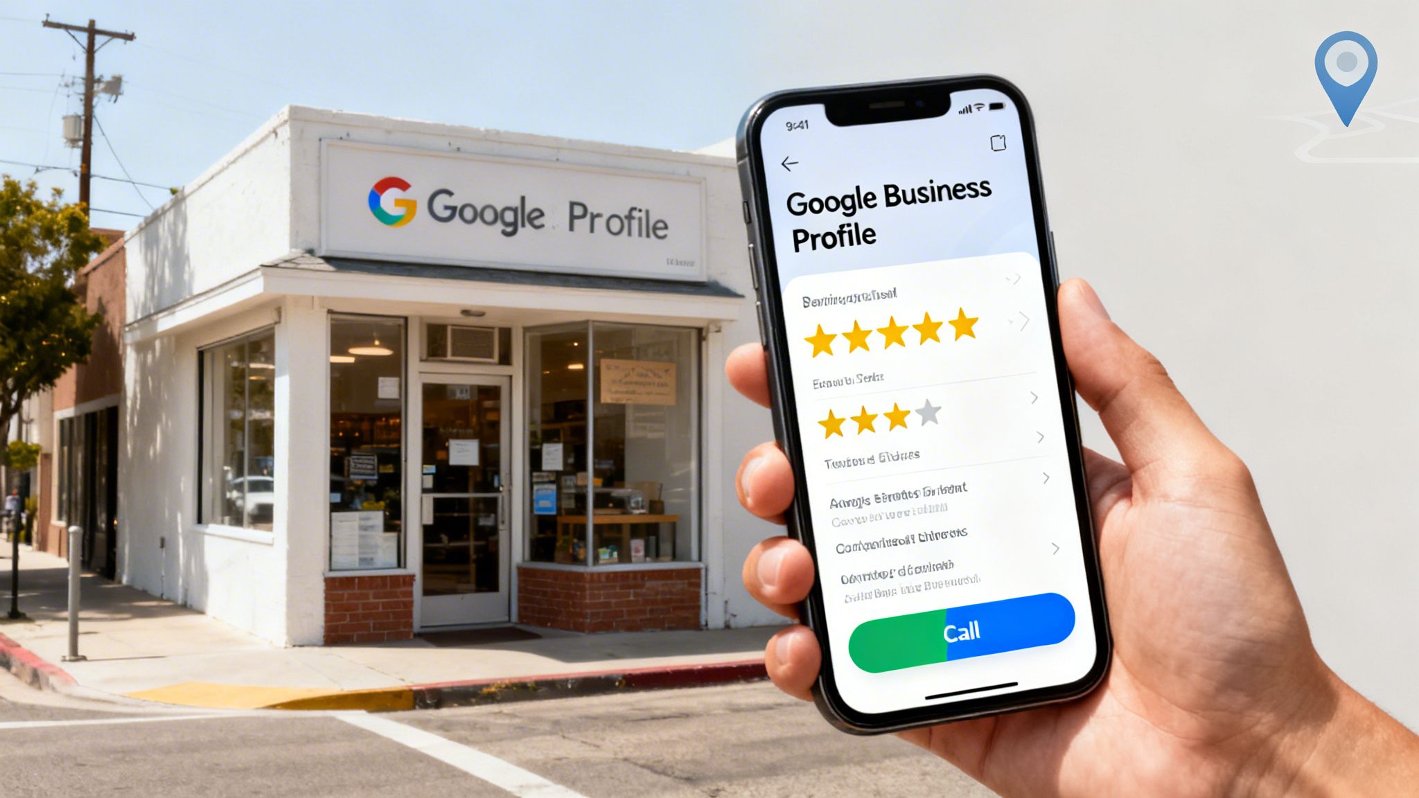 Hand holding a smartphone showing a Google Business Profile app, in front of a building with a Google Profile sign.