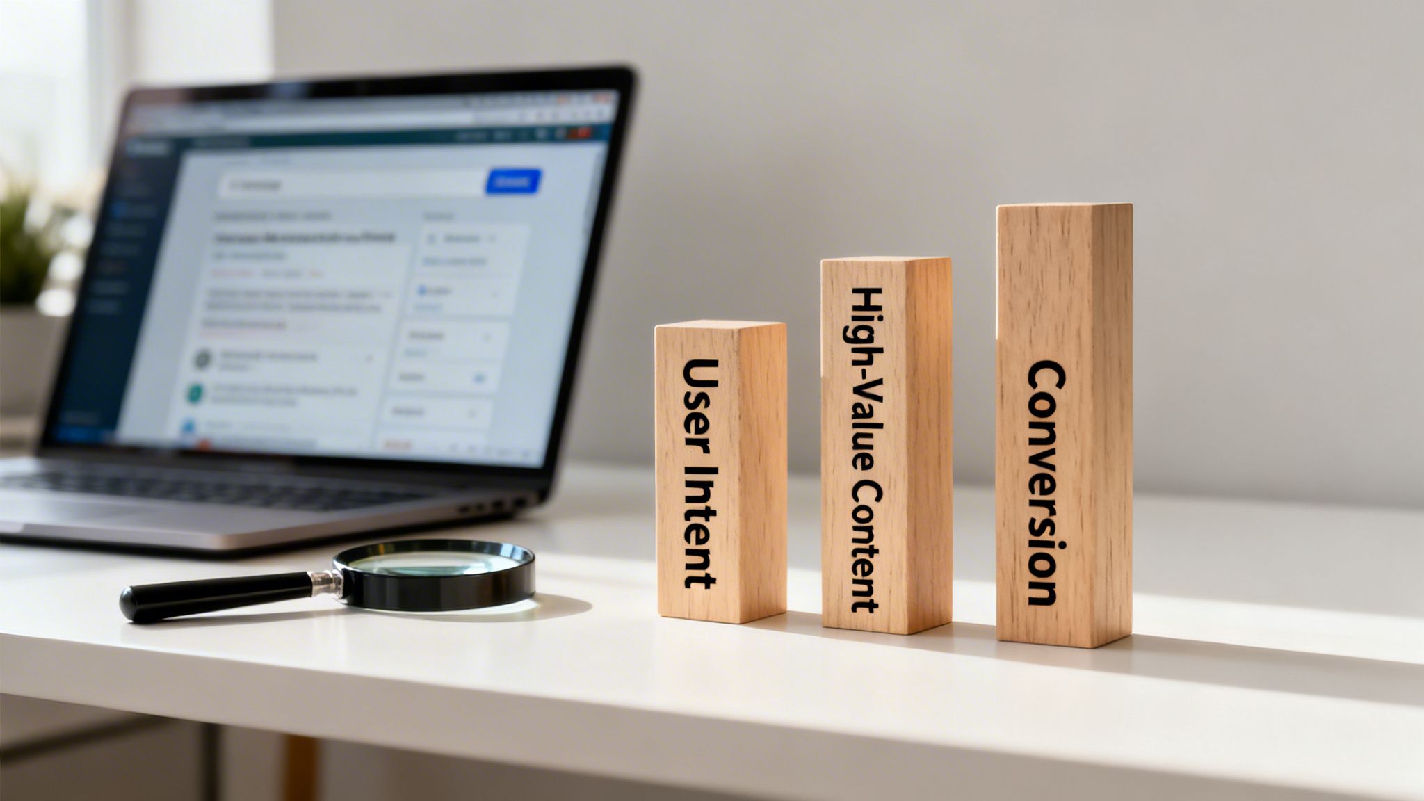 Wooden blocks showing 'User Intent,' 'High-Value Content,' 'Conversion' with laptop and magnifying glass.