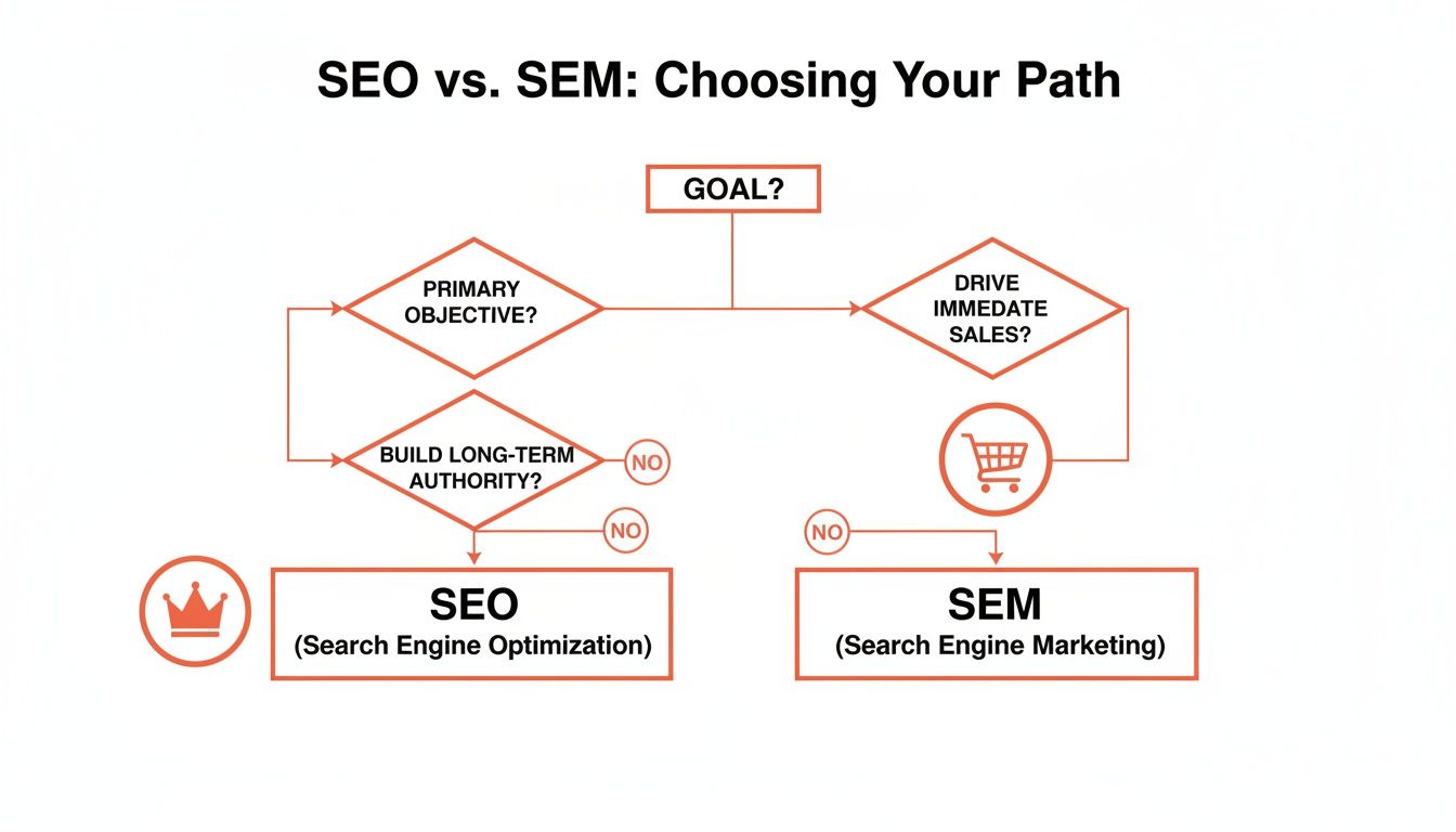 Flowchart comparing SEO vs SEM, guiding users to choose based on long-term authority or immediate sales goals.