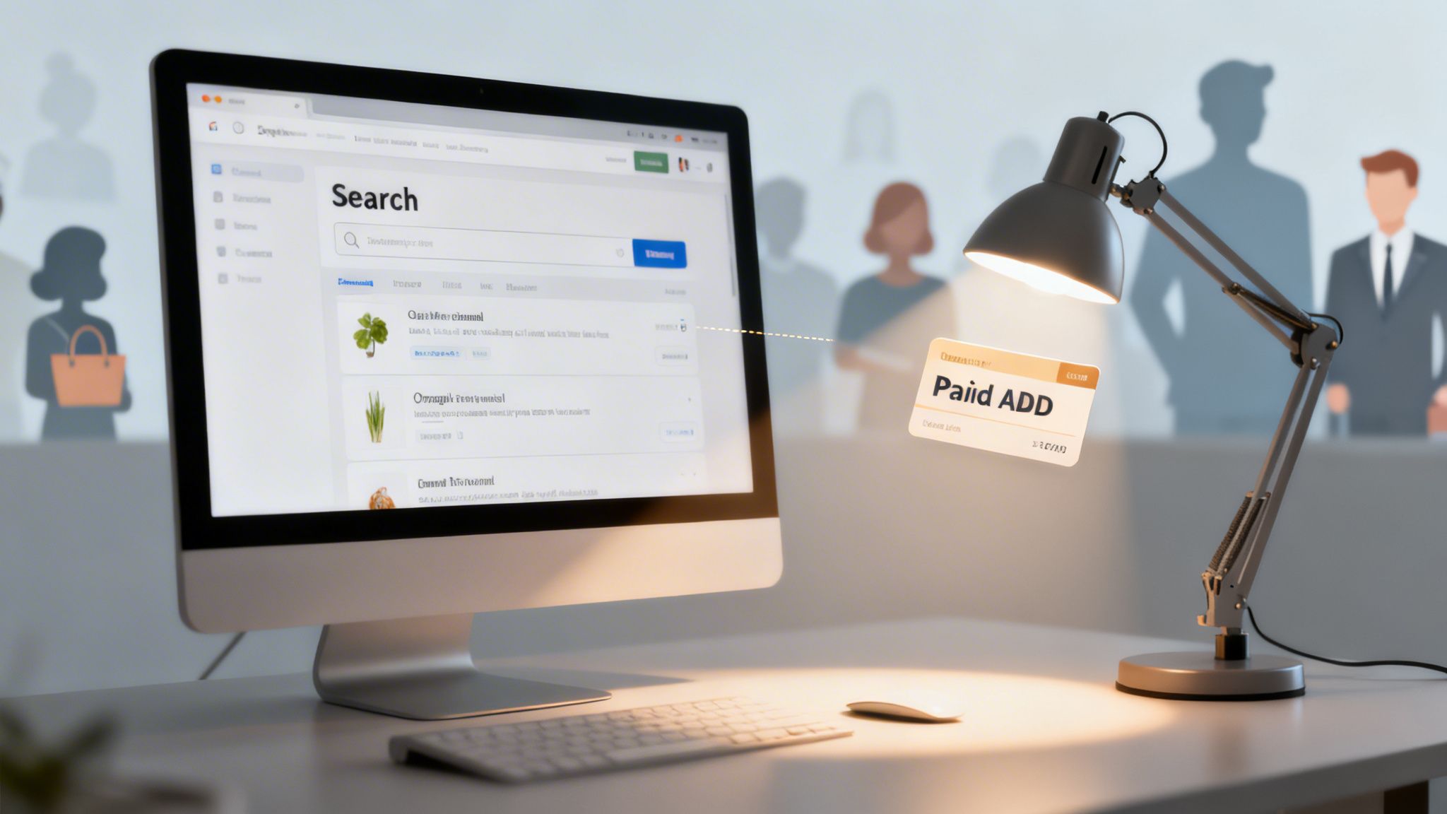 A desktop computer displaying search results with a paid advertisement floating next to a desk lamp.