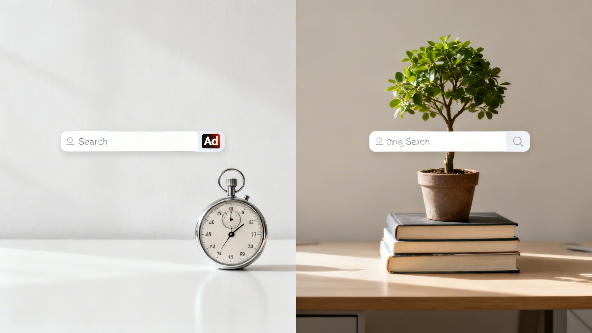 Side-by-side comparison of search engine marketing (SEM) and organic search engine optimization (SEO).