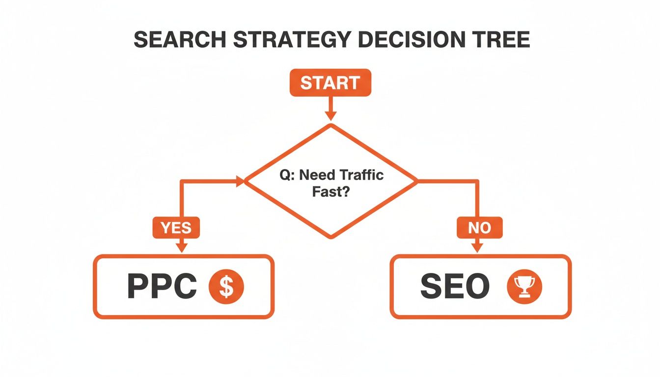 A search strategy decision tree flowchart. Start asks "Q: Need Traffic Fast?". Yes leads to PPC, No leads to SEO.
