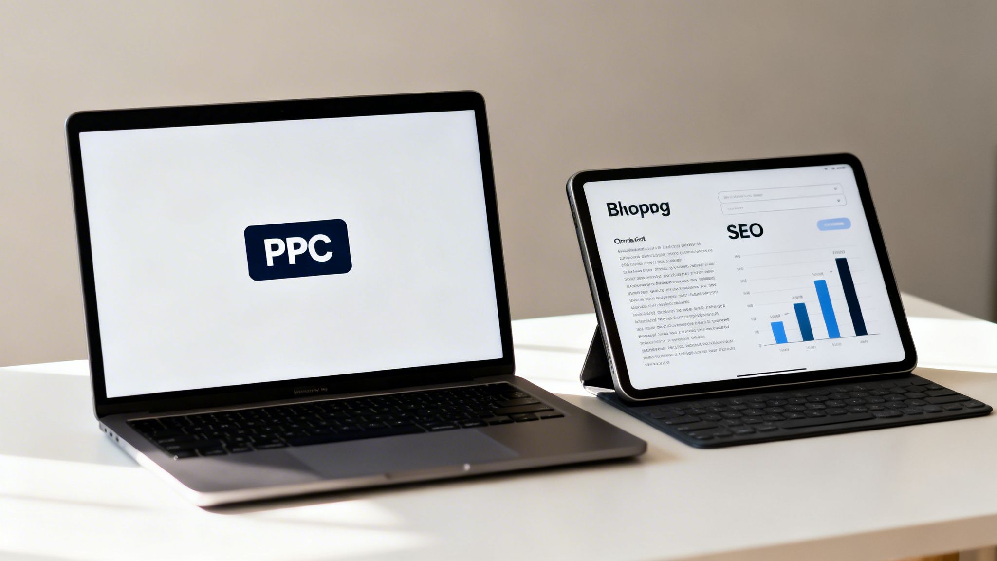 A laptop displays a 'PPC' logo on its screen next to a tablet showing 'SEO' analytics with a bar chart.