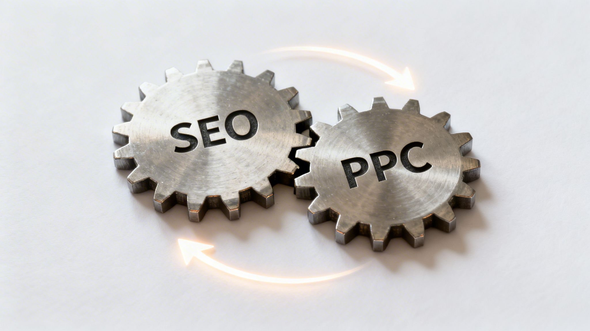 Two interlocking gears, one labeled SEO and the other PPC, with glowing arrows signifying their synergistic relationship.