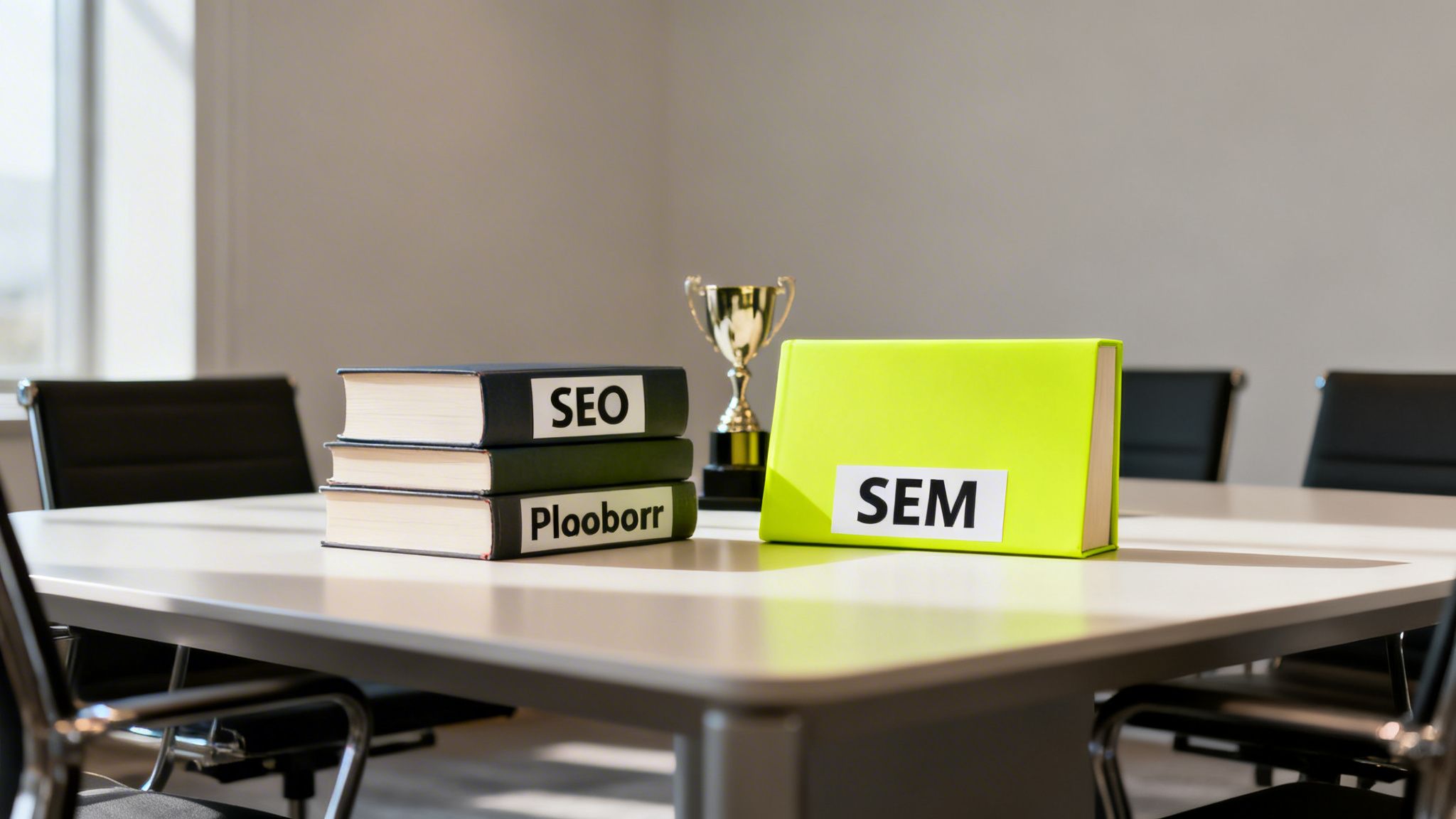 Books labeled SEO and Plooborr, a gold trophy, and a SEM binder on a conference table.