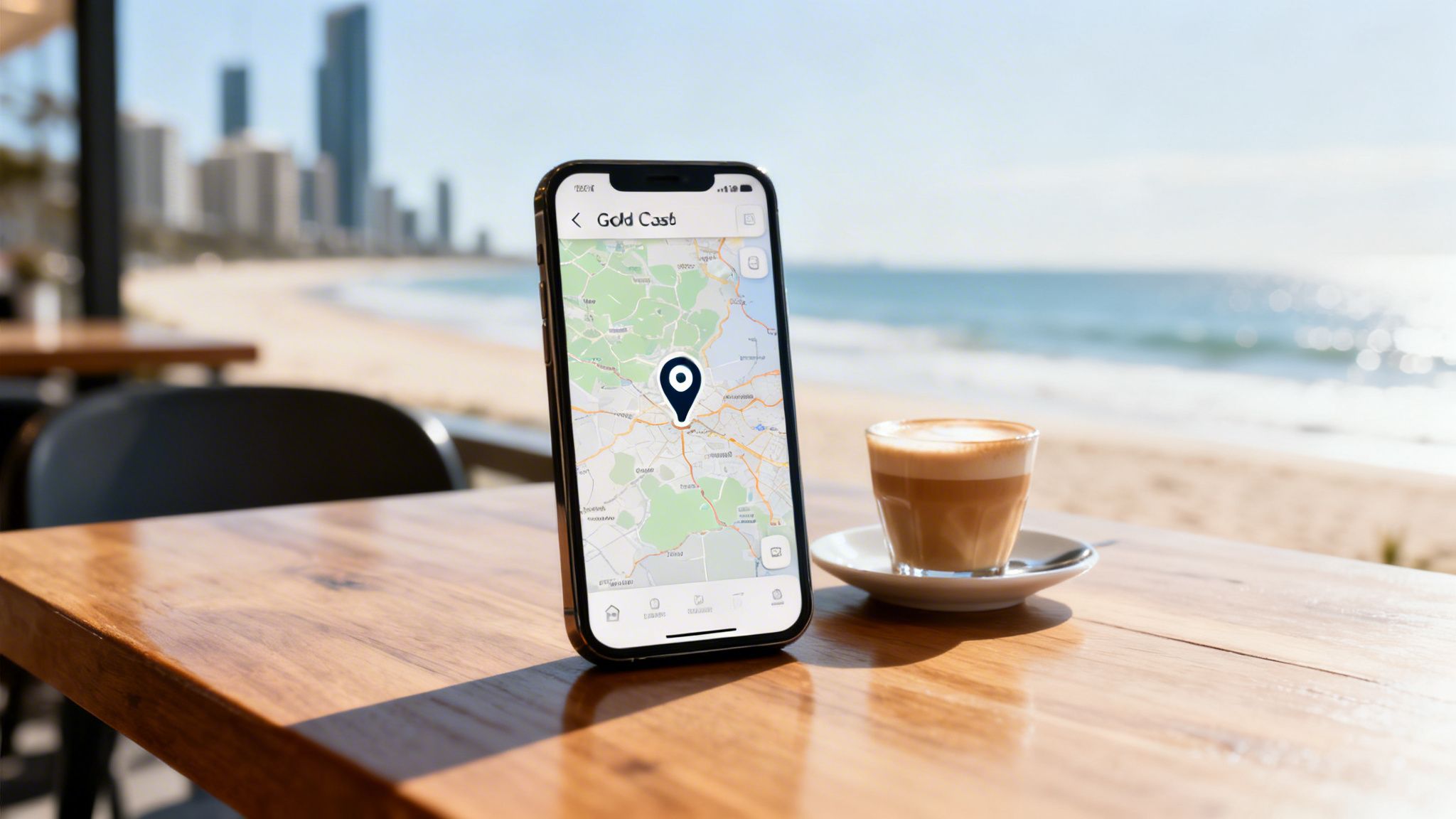 Smartphone displaying a map of Gold Coast with a pin, next to coffee on a table by the beach.