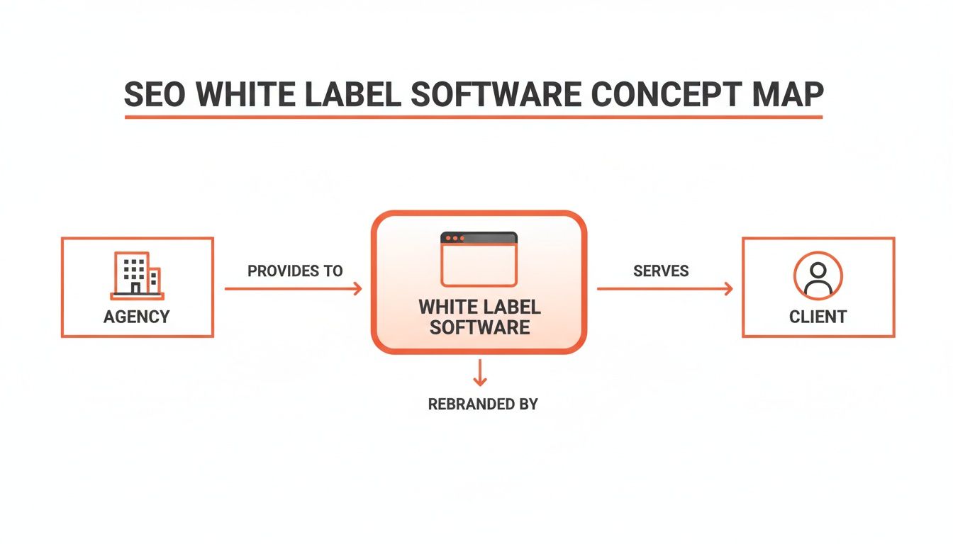 Concept map detailing how an agency utilizes and rebrands white label SEO software for clients.