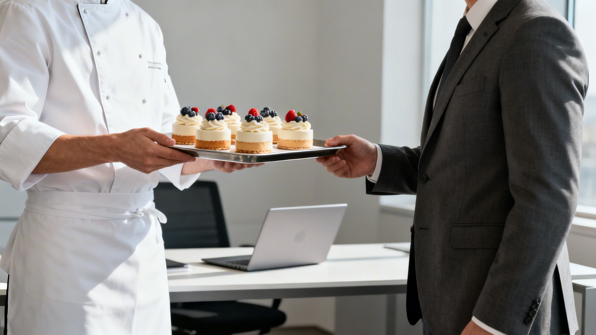 A chef in a white uniform presents a tray of berry-topped cheesecakes to a businessman.