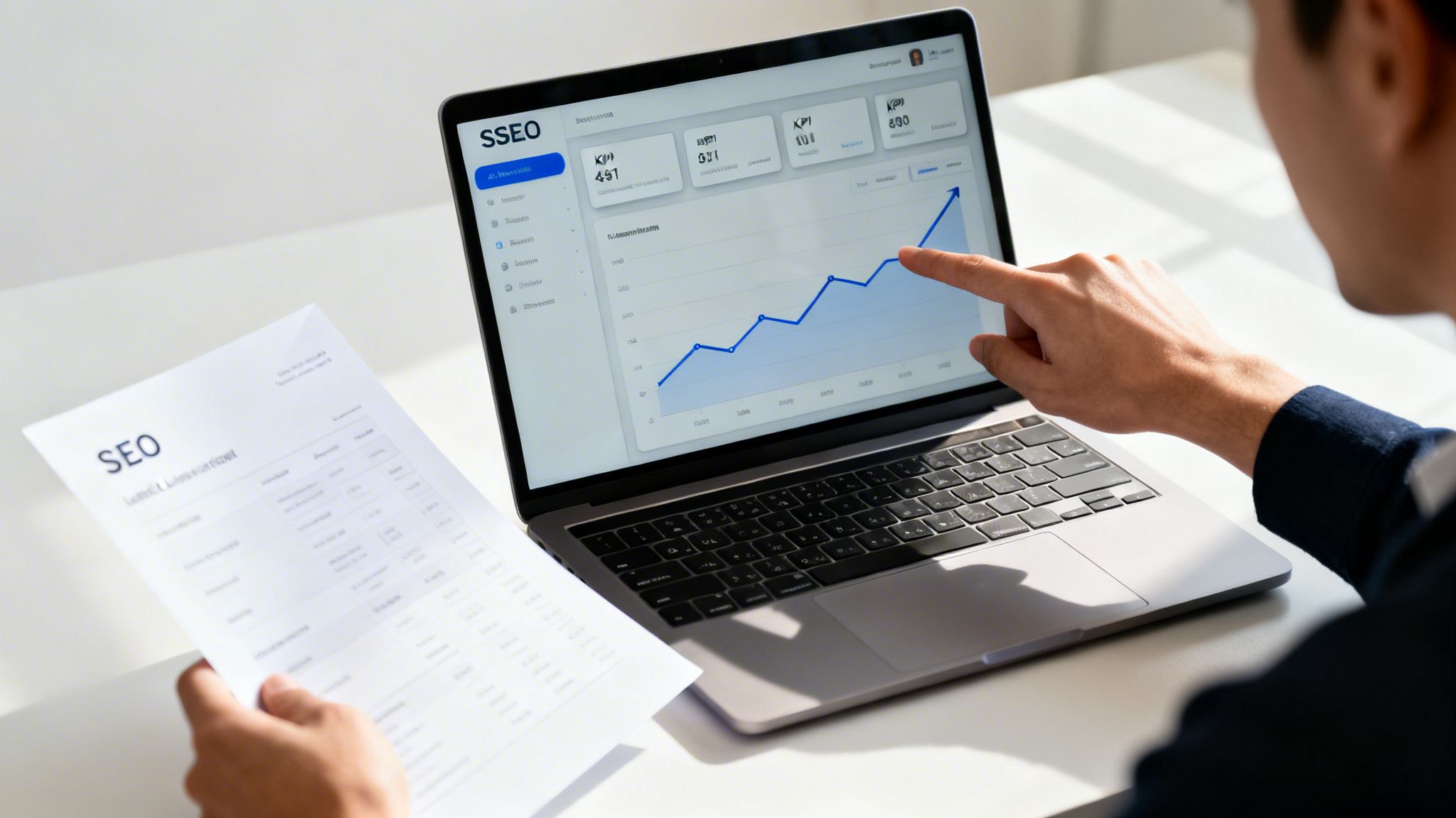 Person analyzing an SEO dashboard on a laptop, pointing at a rising trend graph, holding a report.