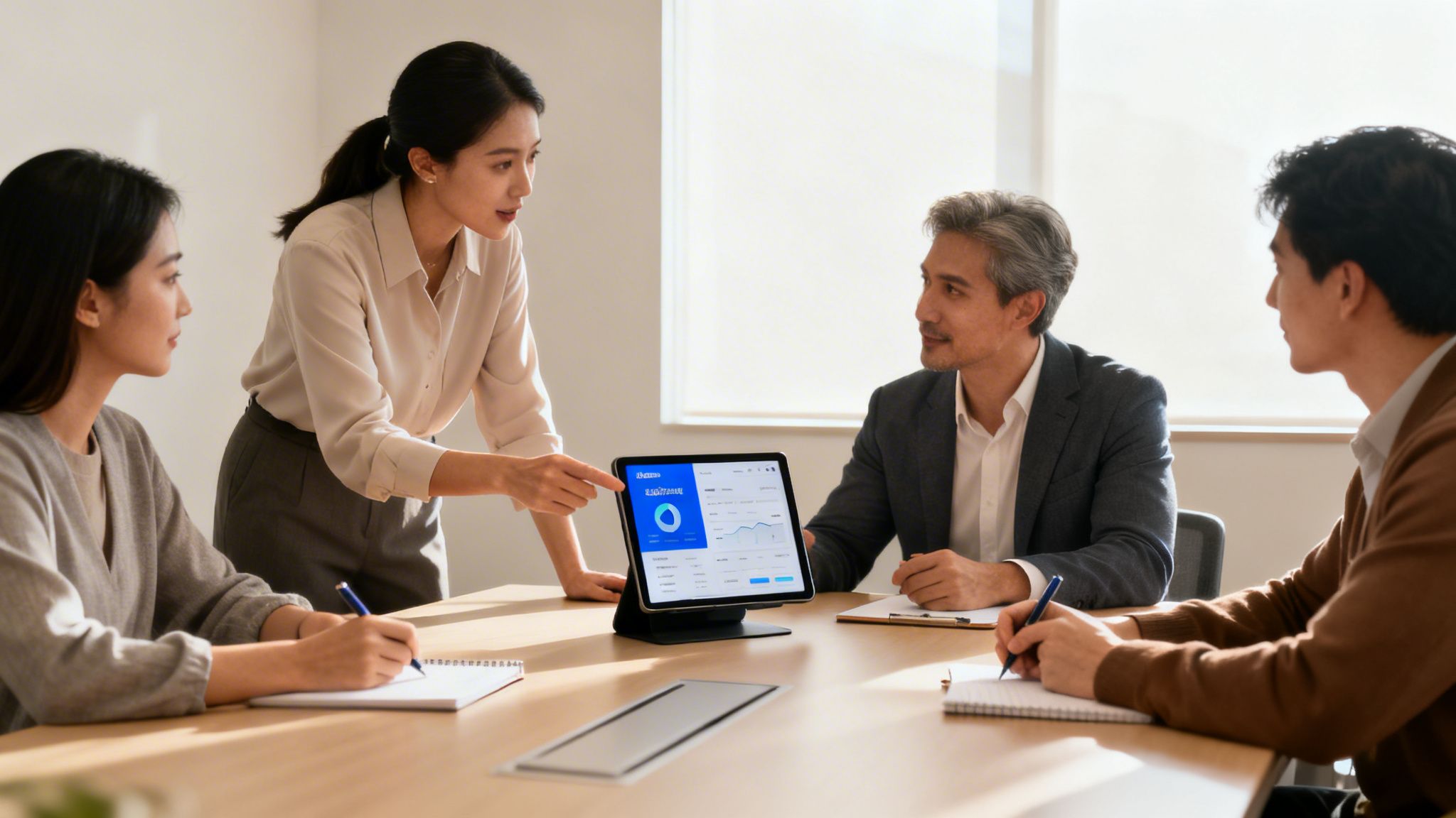 Asian business professionals collaborate around a table, analyzing a tablet with charts and data.