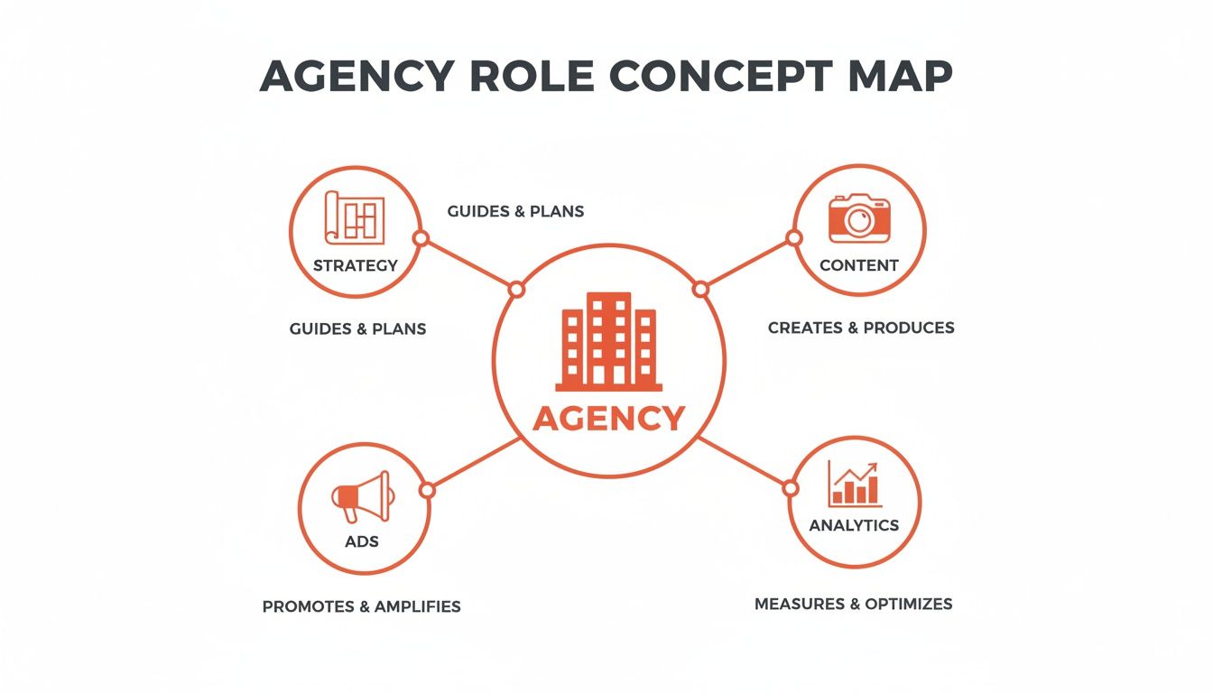 A concept map illustrating the core roles of an agency: strategy, content, ads, and analytics.