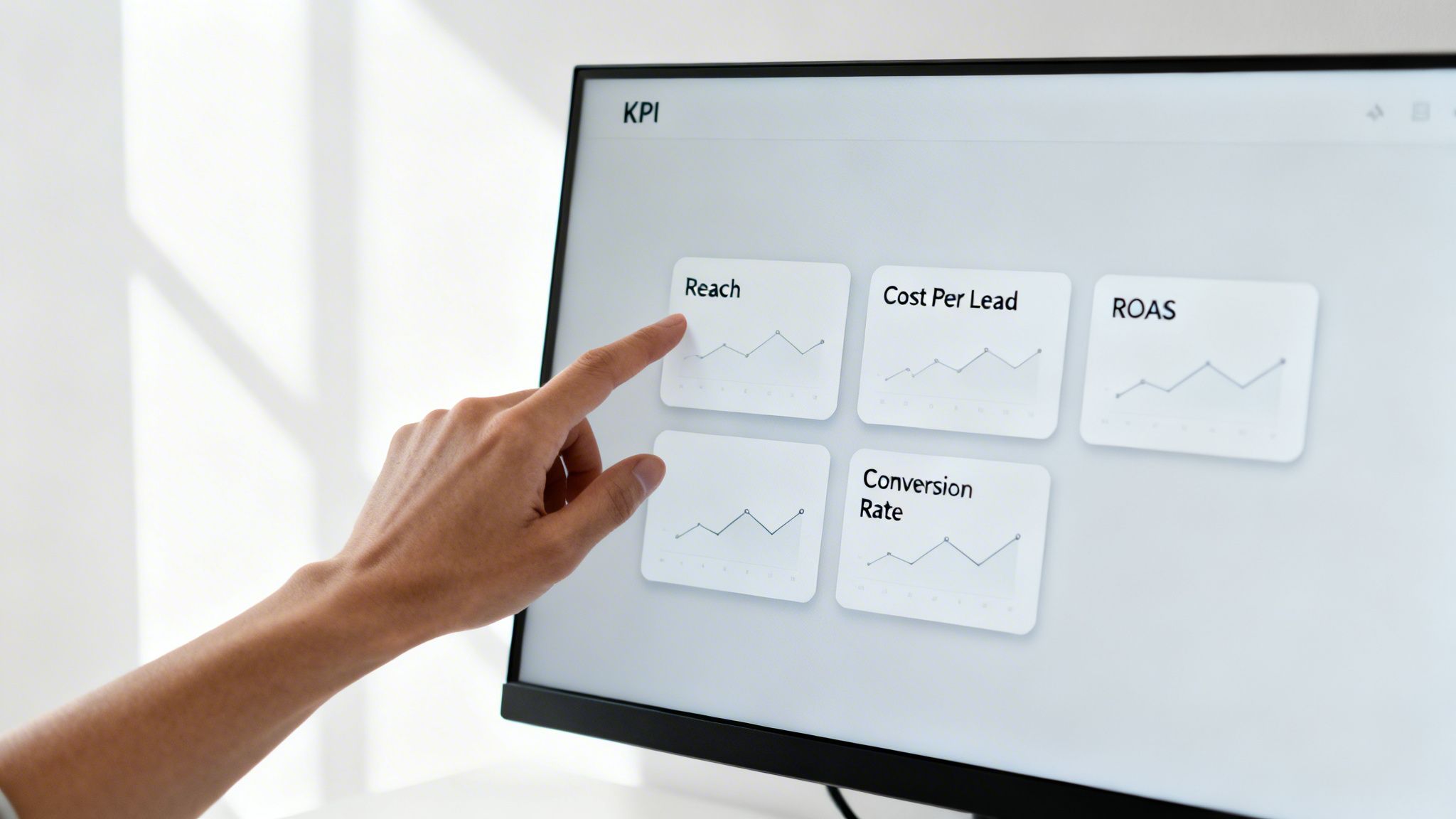 A hand touches a computer screen displaying a KPI marketing dashboard with metrics like Reach and Conversion Rate.