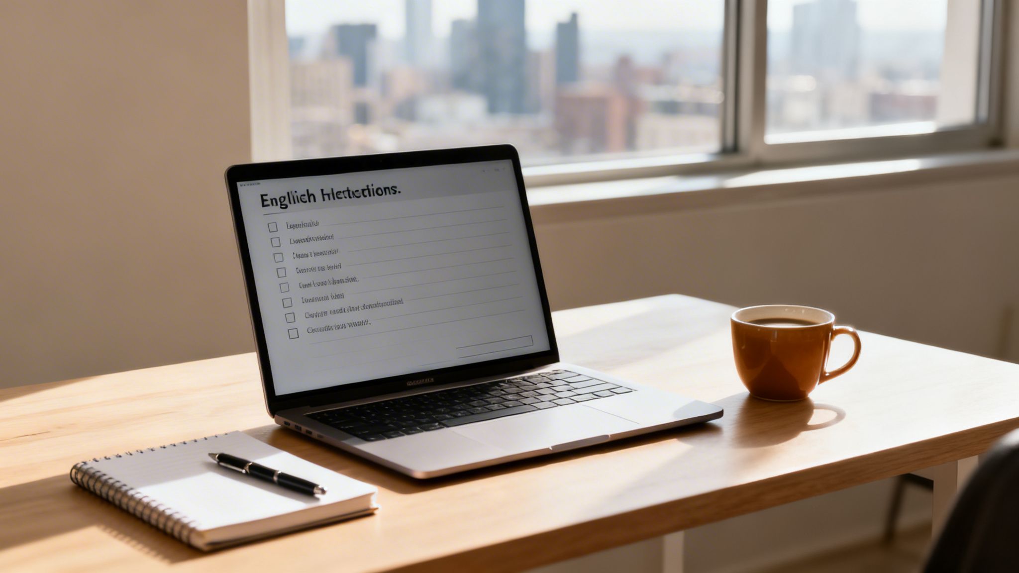 A laptop displaying an English dictations checklist, with a coffee mug and notebook on a wooden desk.