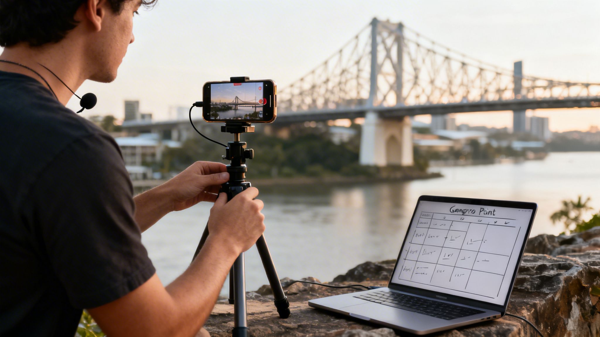Man setting up a smartphone on a tripod to record a bridge, with a laptop nearby.