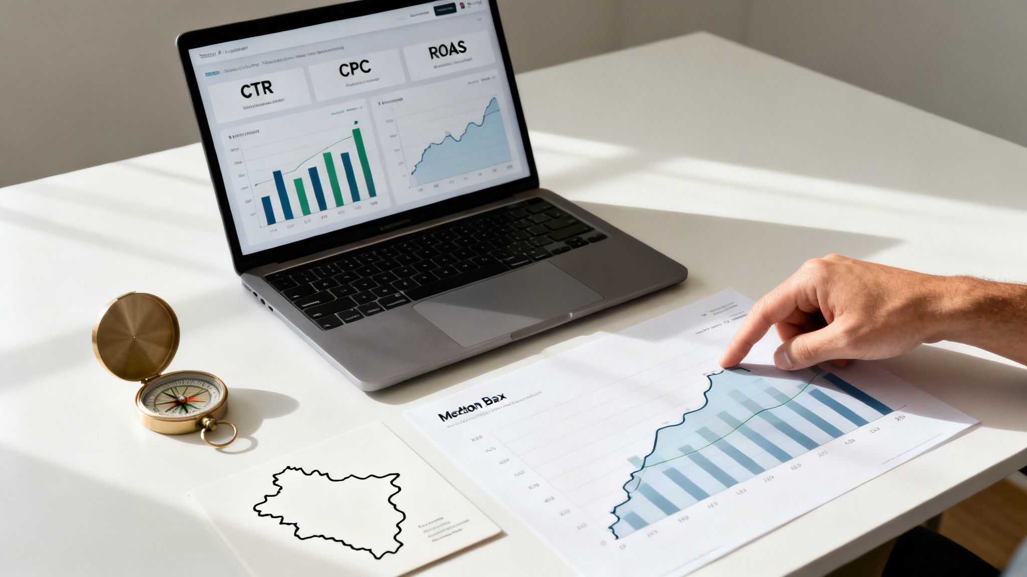 A person's hand analyzing marketing data on paper charts next to a laptop dashboard.