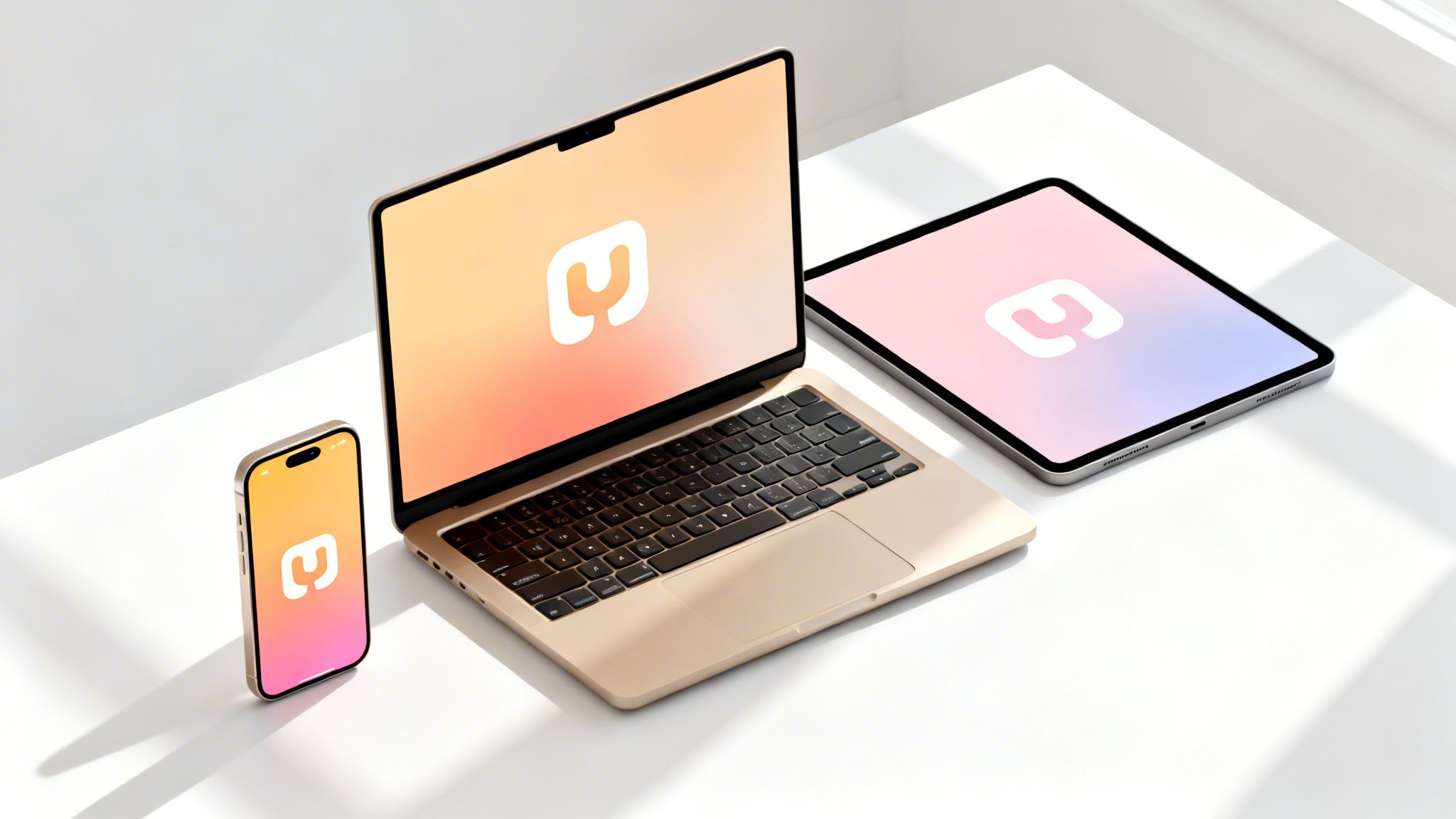 A golden laptop, a silver tablet, and a gold smartphone displaying a white 'U' logo on gradient screens.