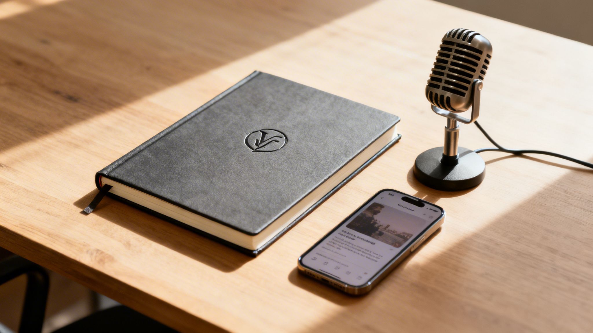 A professional setup with a grey notebook, retro microphone, and smartphone on a sunlit wooden desk.