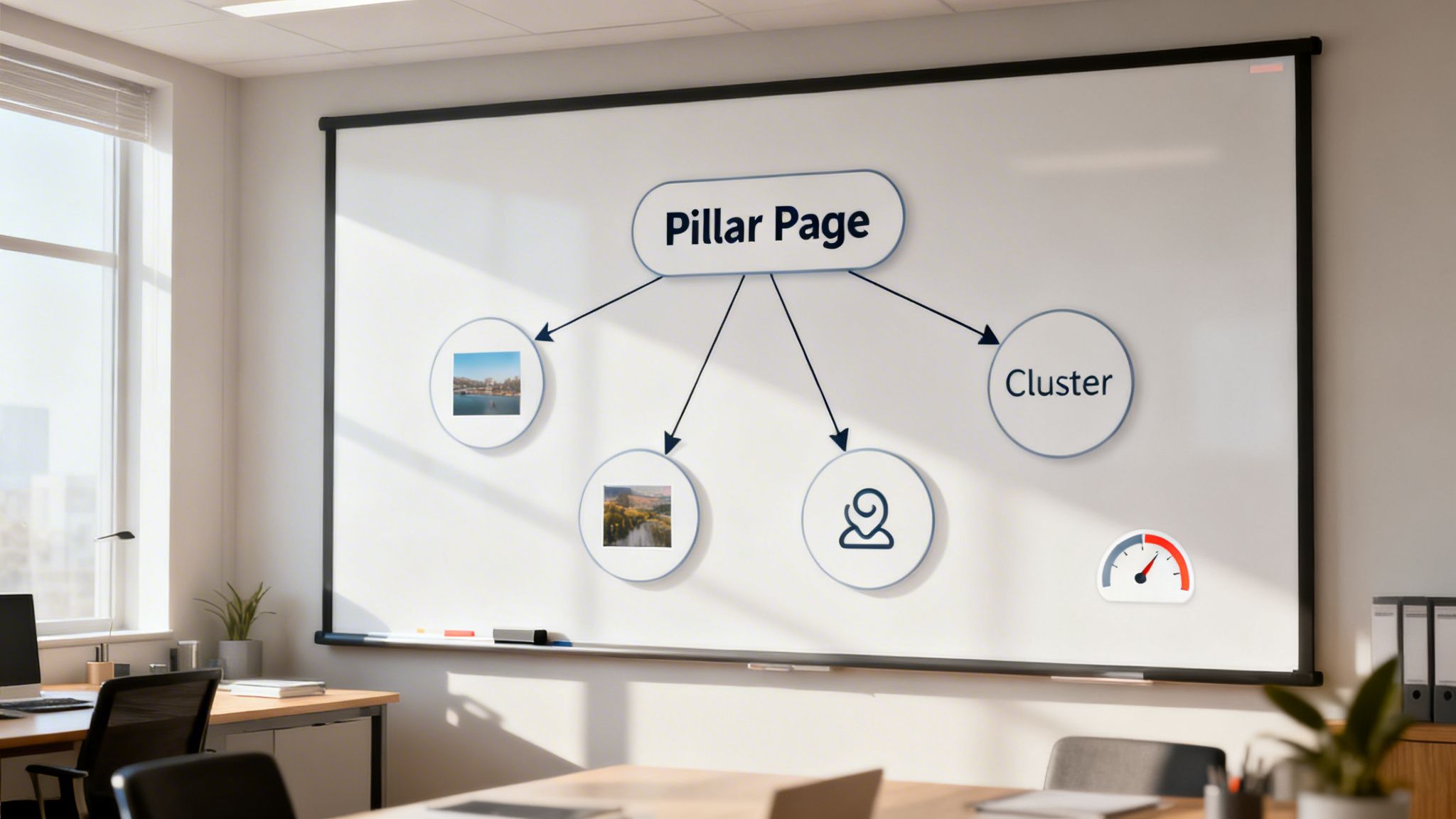 A whiteboard displays a "Pillar Page" concept map with linked elements including images, an icon, and "Cluster" text.